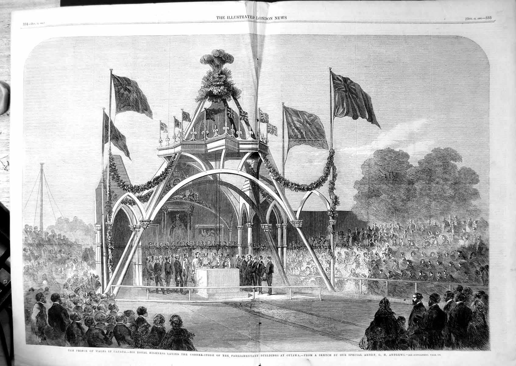 Antique Print Prince Wales Canada Laaying Foundation Stone Parliament 1860
