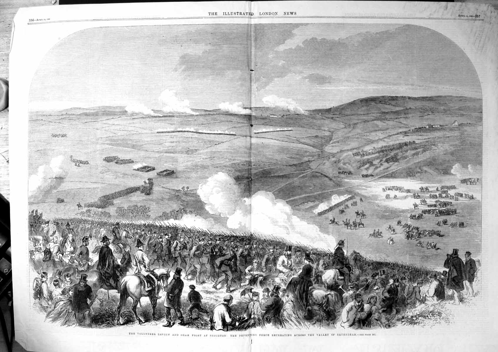 Original Old Antique Print Bevendean Volunteer Review Sham Fight Brighton 1866