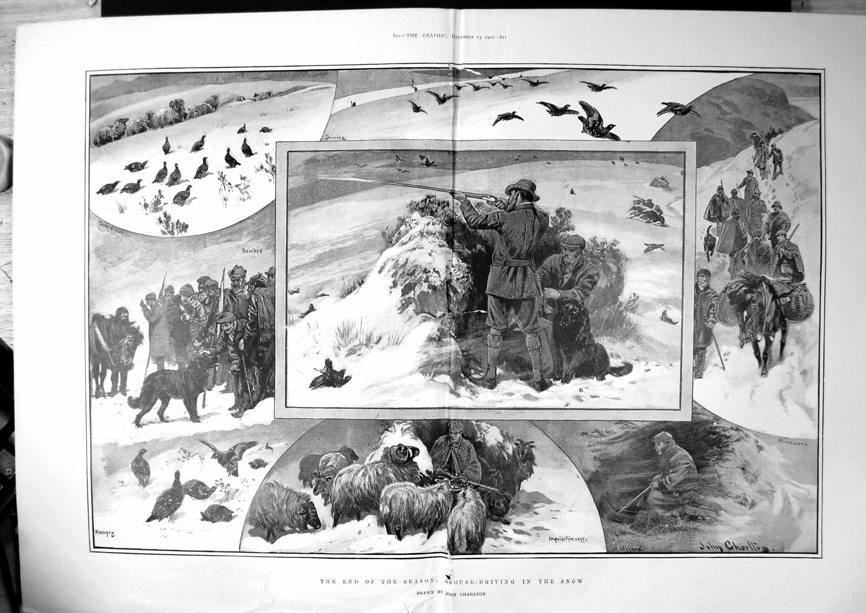 Antique Print End Season Grouse Driving In Snow John Charlton Beaters 1902