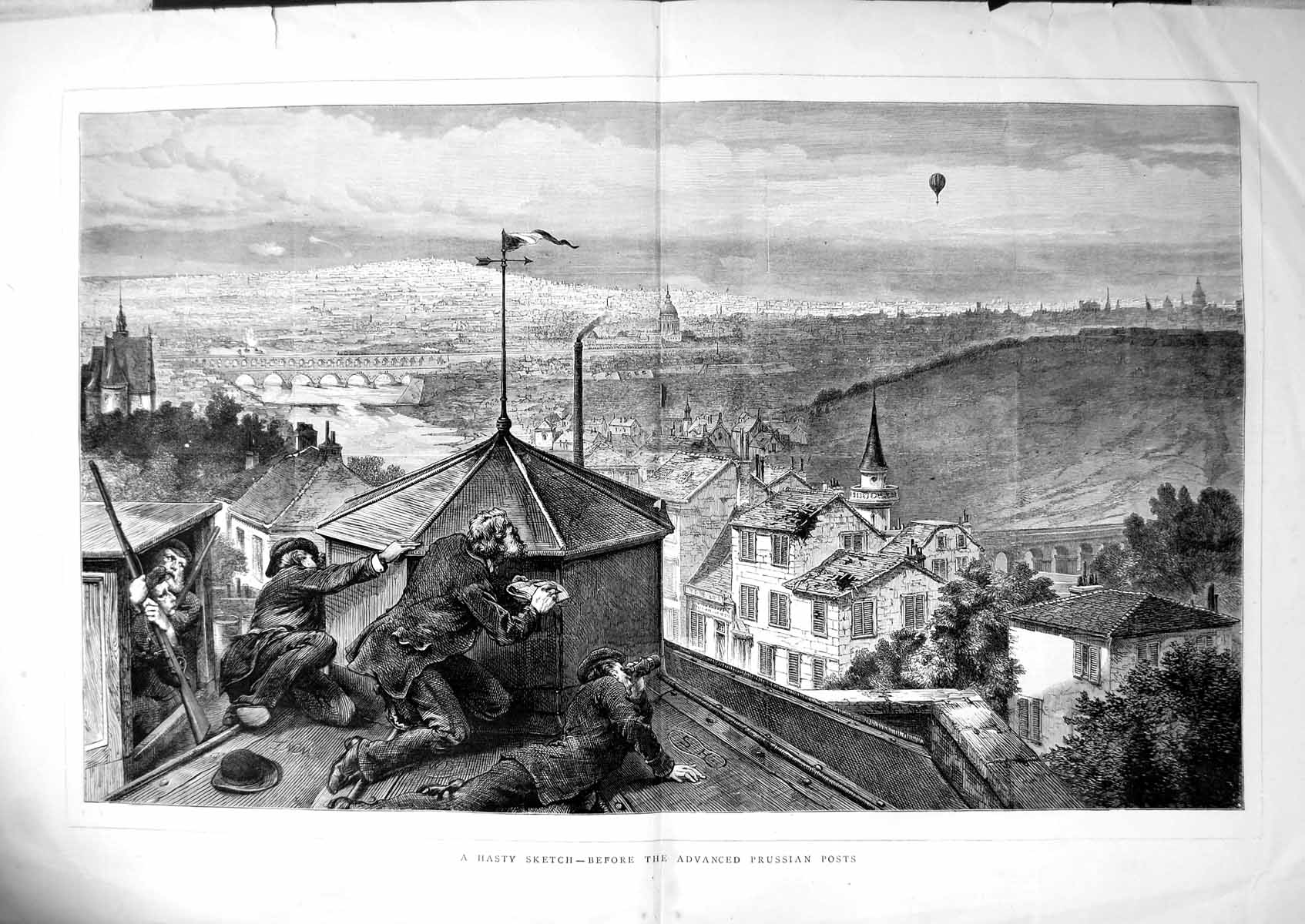 Antique Print Hasty Sketch Before Advanced Prussian Posts Men Rooftop 1870