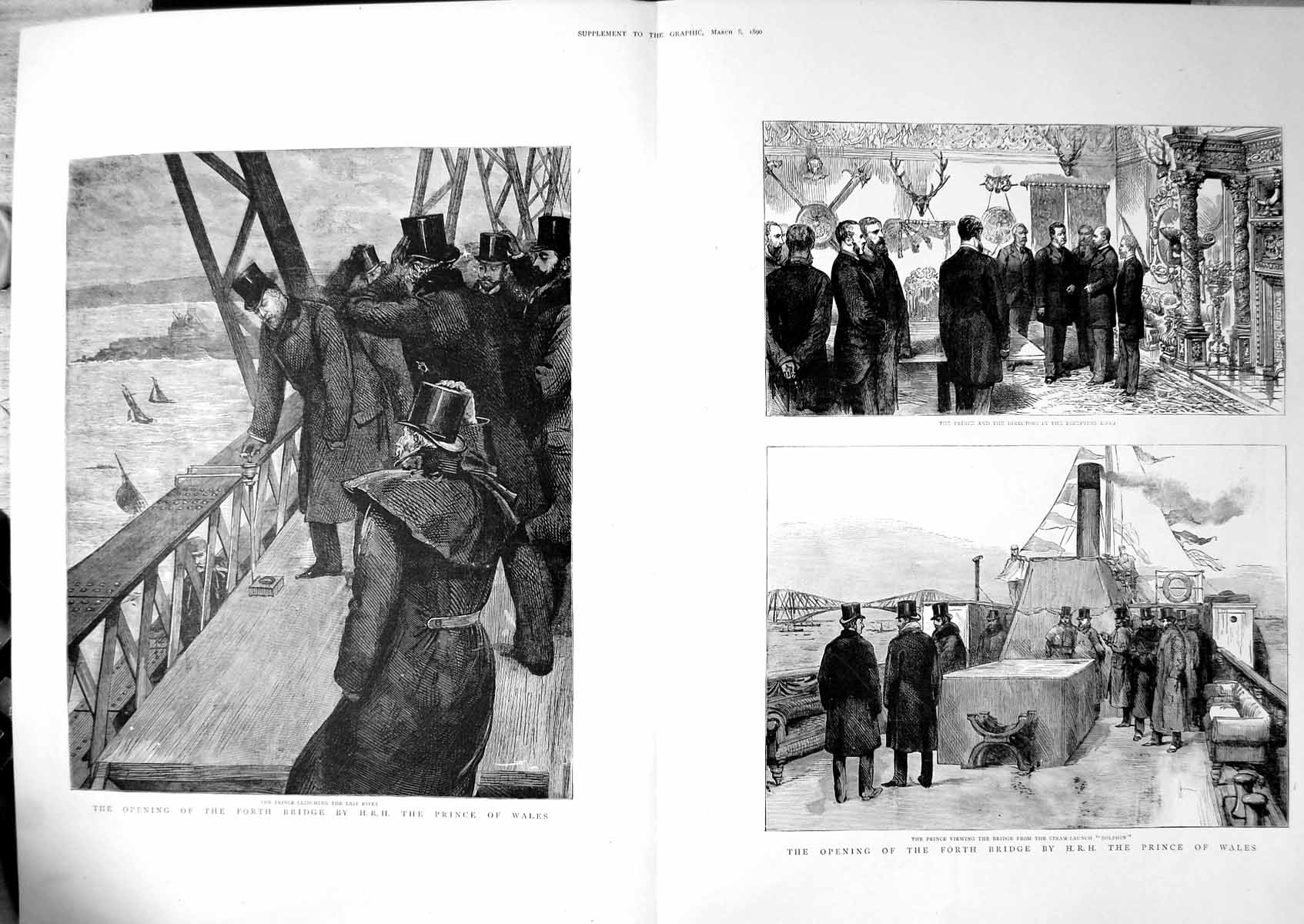 Old Print Opening Forth Bridge Prince Wales Reception Dolphin Boat 1890 19th