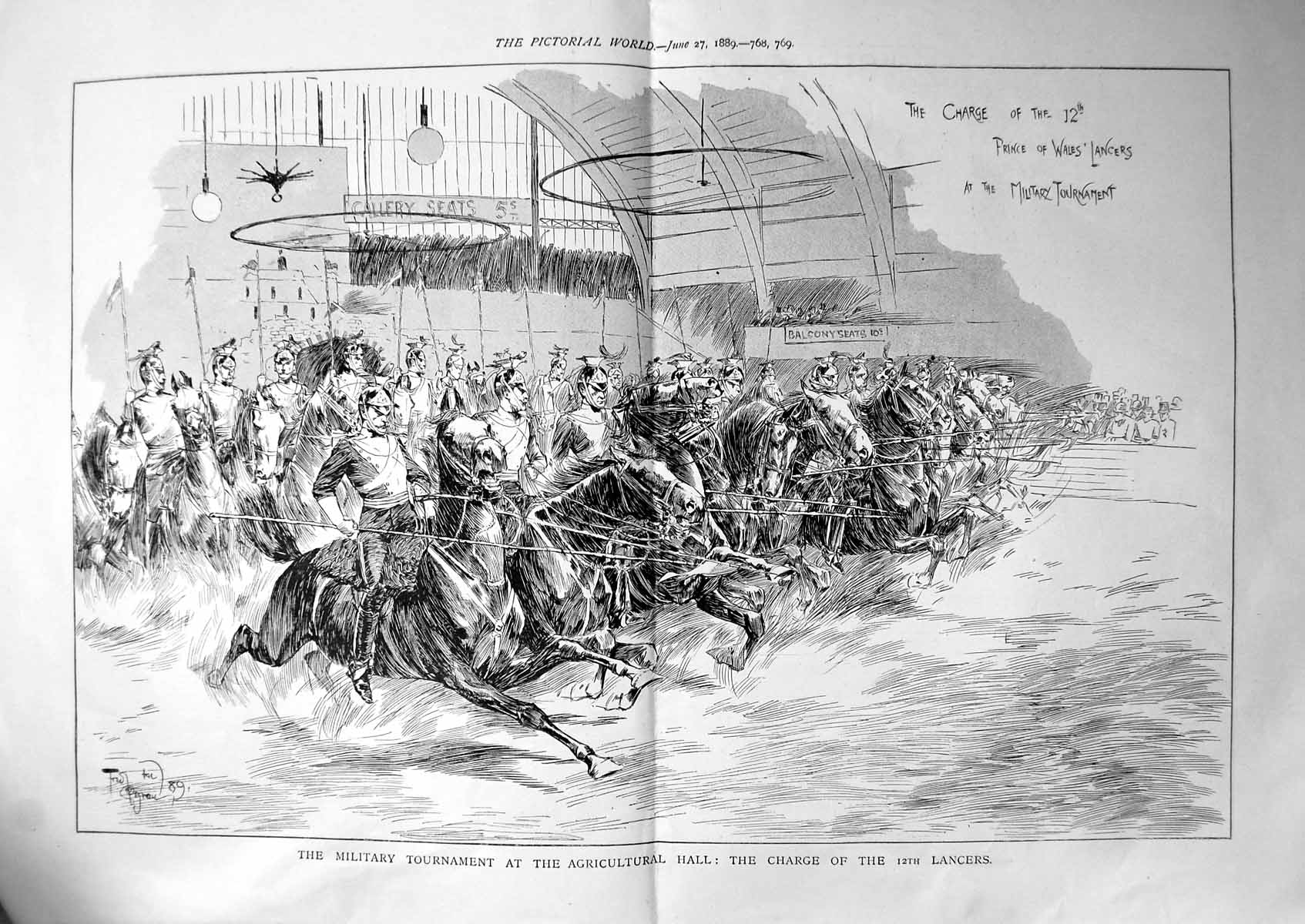 Old Print Military Tournament Agricultural Hall Charge 12Th Lancers 1889