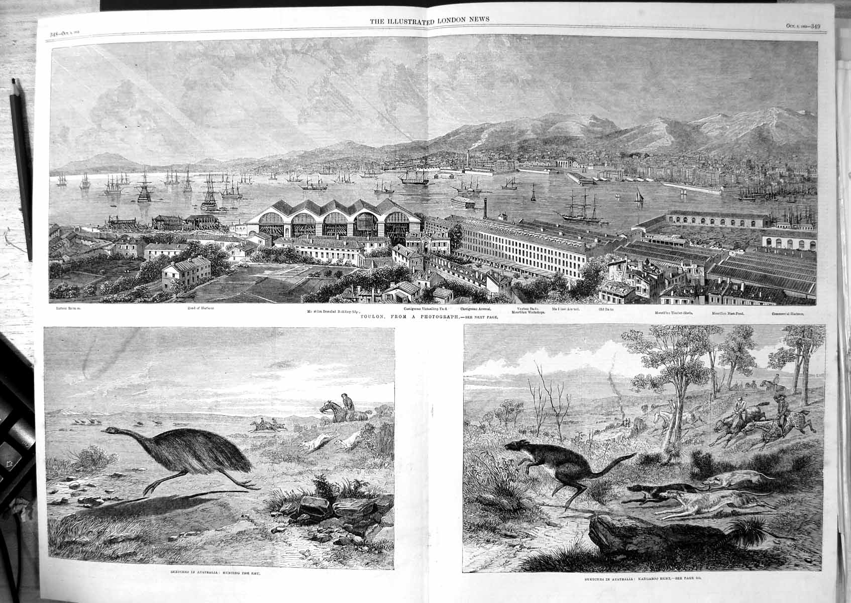 Antique Old Print Toulon Harbour Ships Hunting Emu Australia Kangaroo 1863