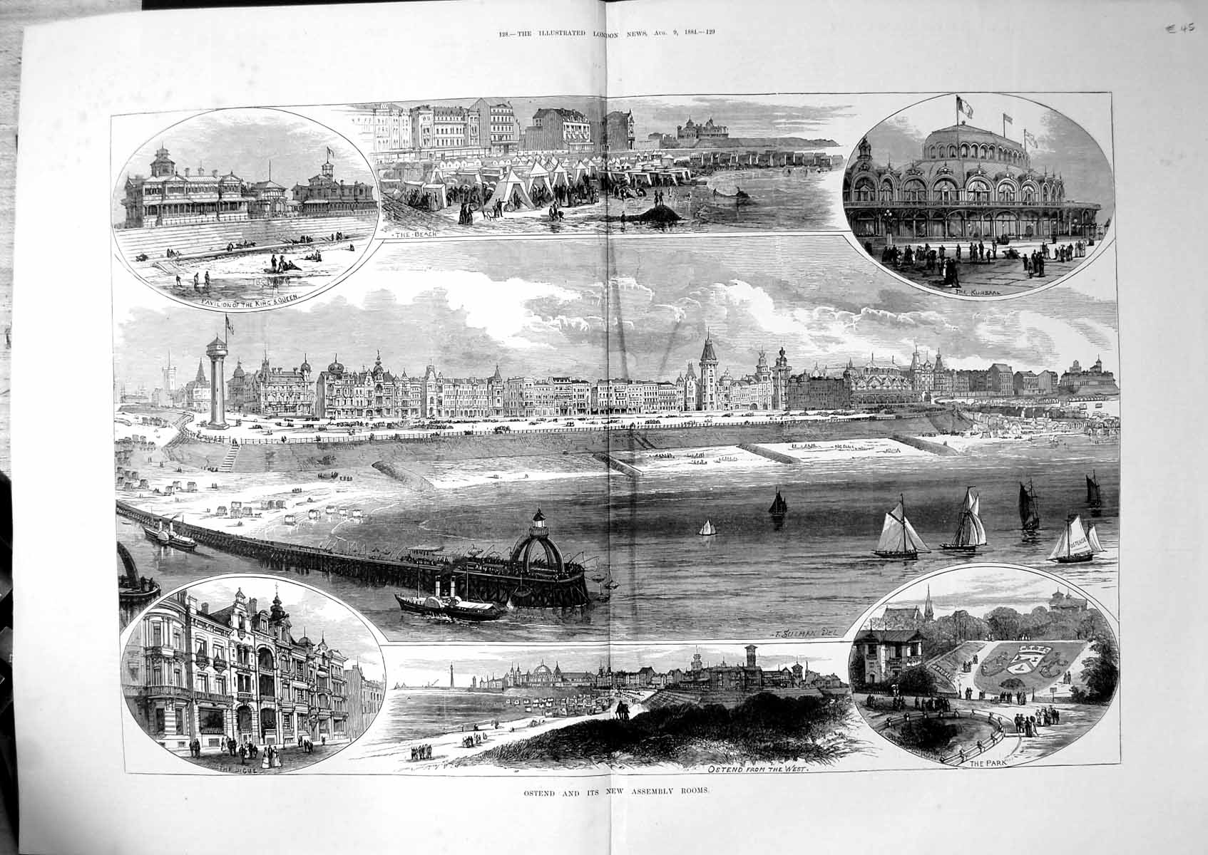 Old Antique Print Ostend And New Assembly Rooms View From Sea Park 1884 19th