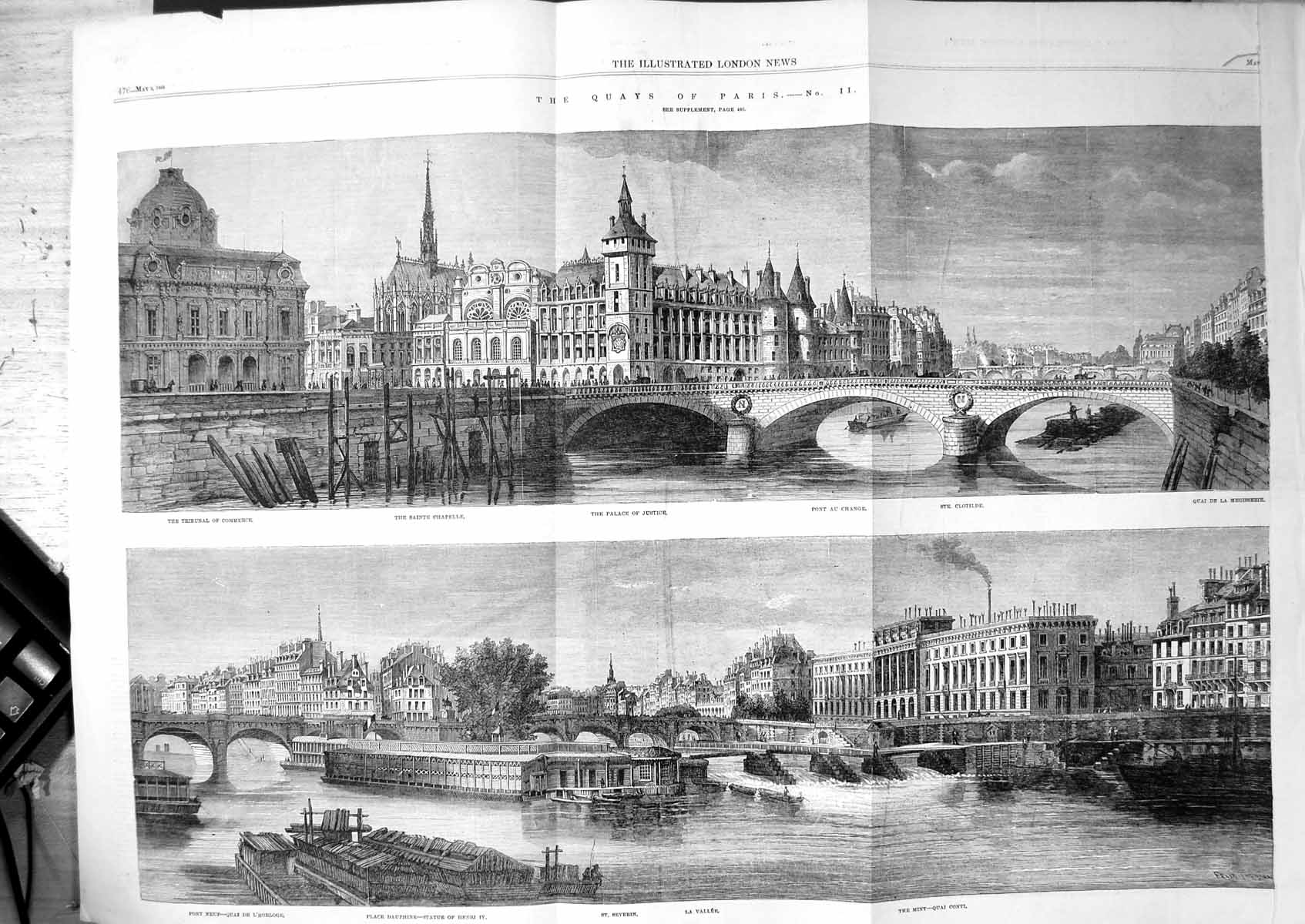 Antique Old Print Quays Paris Place Dauphine Quai Conti Palaca Justice 1863