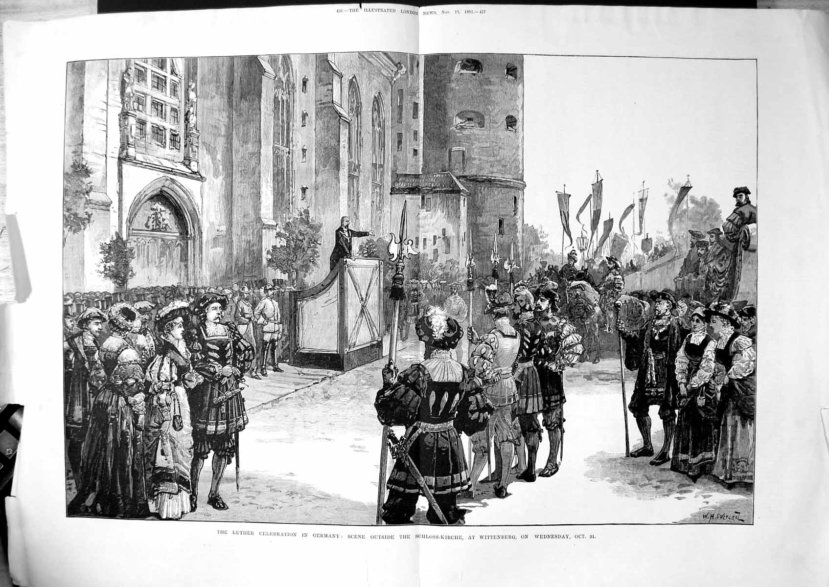 Old Antique Print Luther Celebration Germany Scene Schloss-Kirche 1883 19th