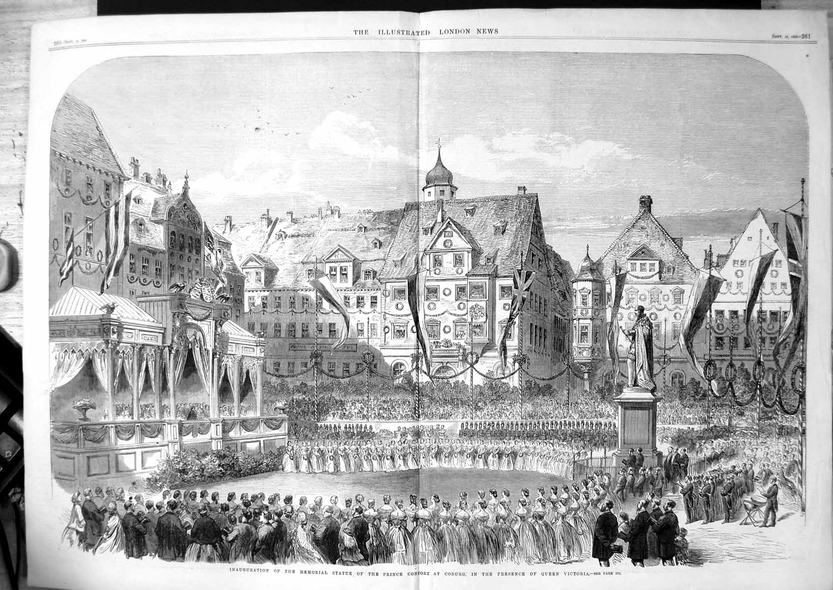 Antique Old Print Inauguration Memorial Statue Prince Consort Coburg 1865 19th