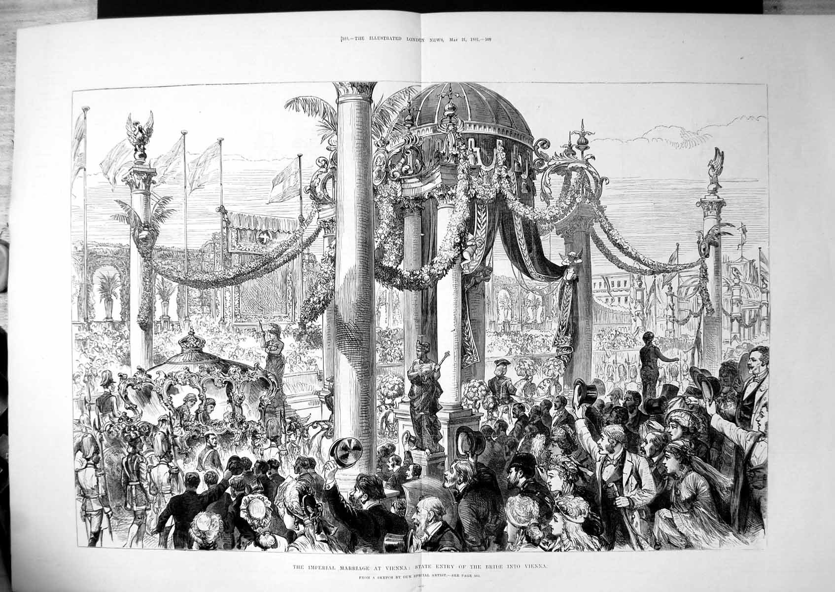 Old Print Imperial Marriage Vienna State Entry Bride Garlands Crowd 1881 19th