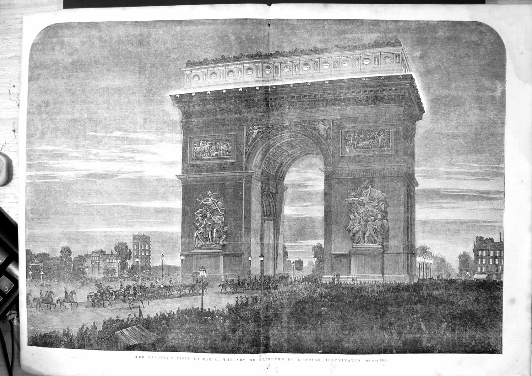 Antique Old Print Her Majesty'S Visit Paris Arc De Triomphe Illuminated 1855