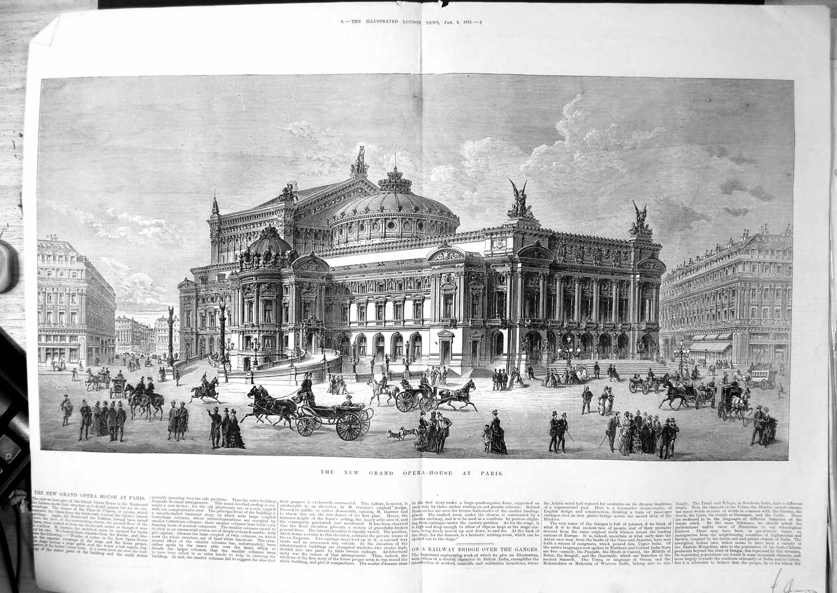 Antique Print New Grand Opera House Paris External View Horses People 1875