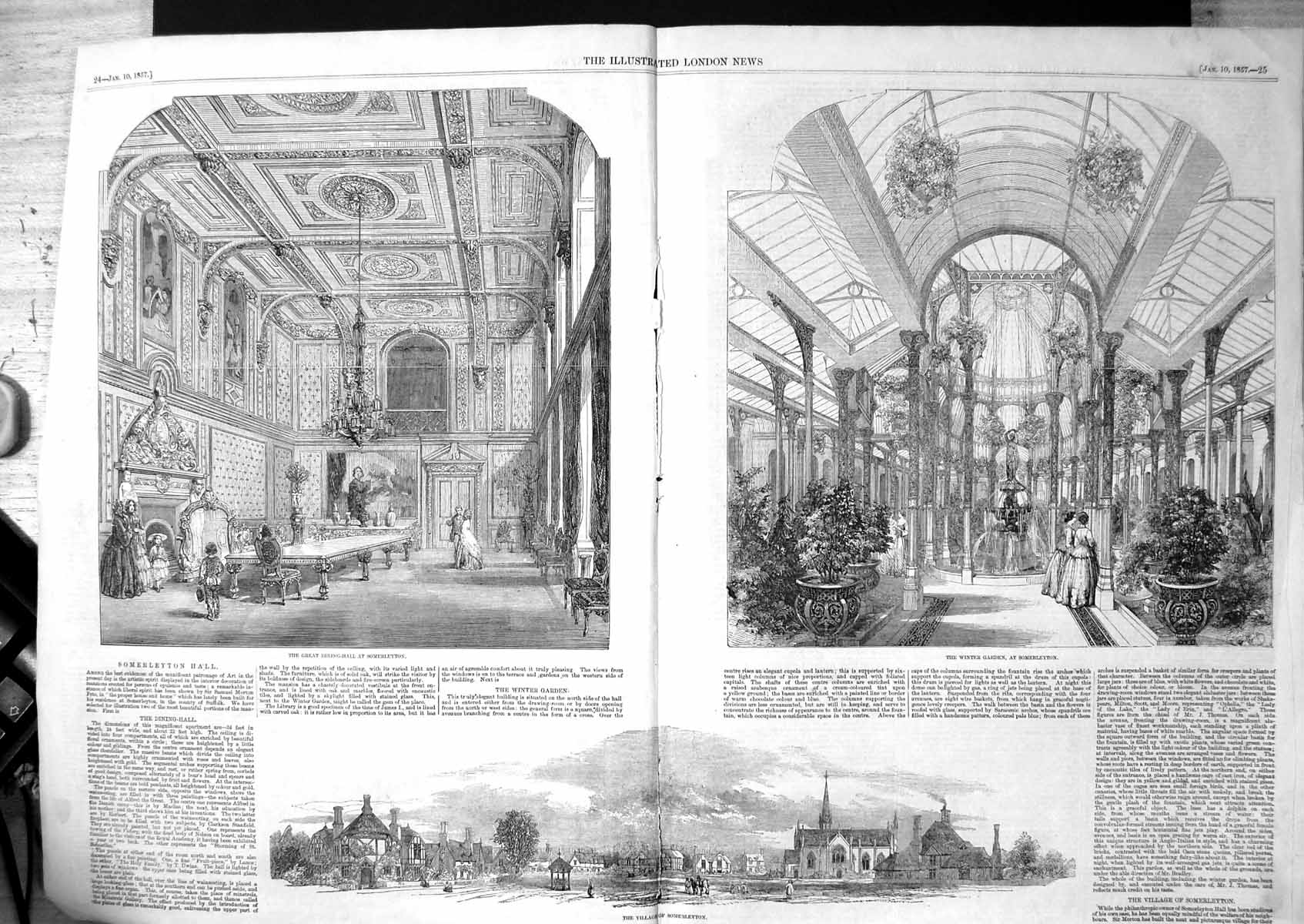Old Print Somerleyton Hall Great Dining Room Winter Garden Village 1857 19th