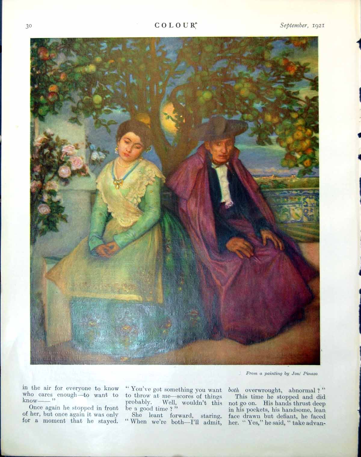 Old Print Lady Green Dress Elderly Gentleman Below Tree Jose Pinazo 1921 20th