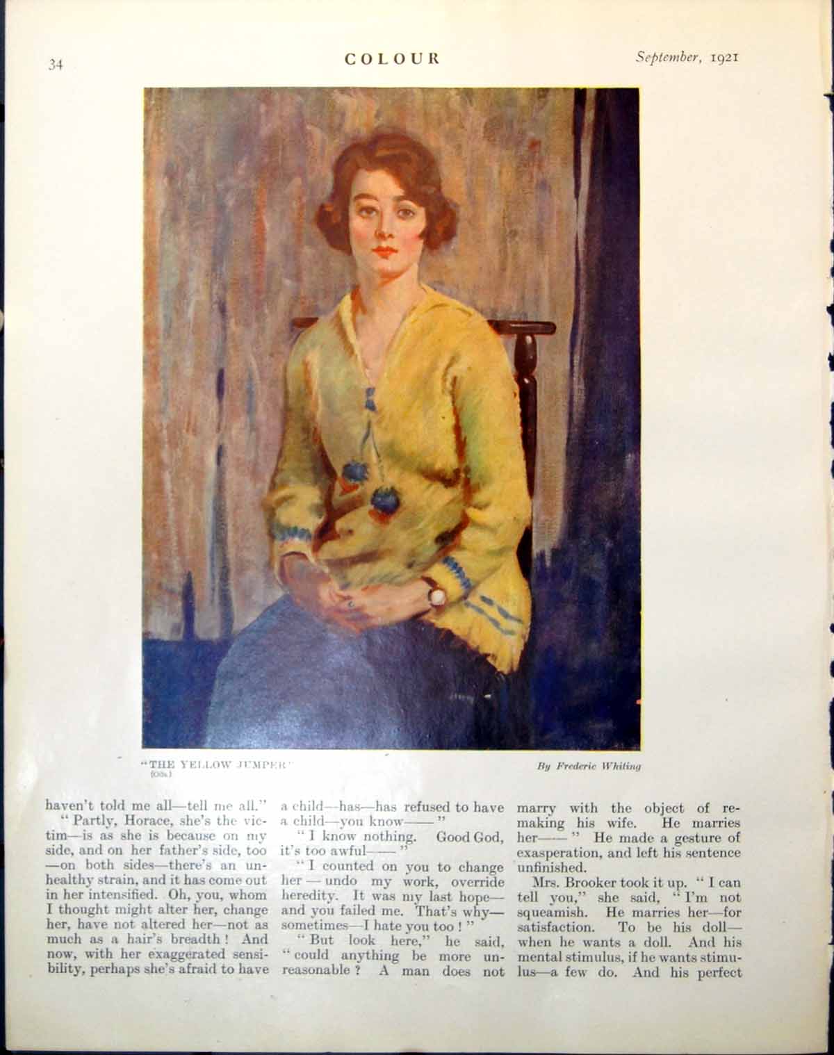Old Print The Yellow Jumper Frederic Whiting Orange Man Grace Henry 1921 20th