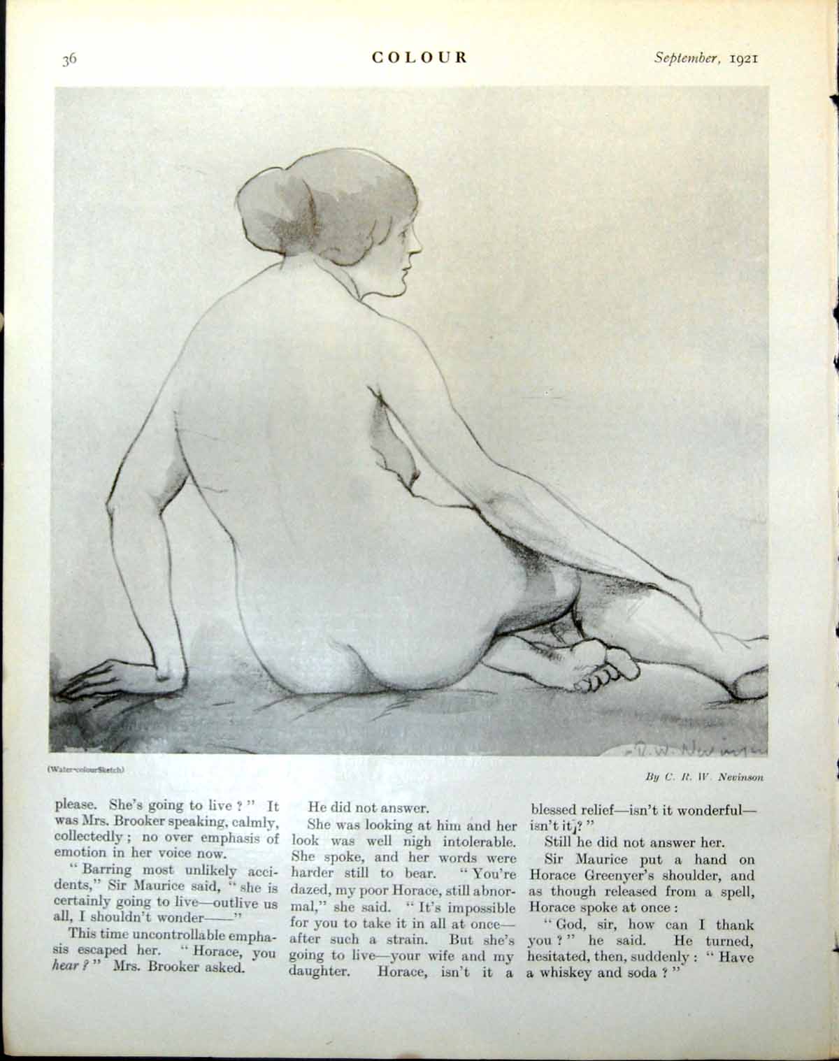Original Old Vintage Print Water-Colour Sketch Nude Female Crw Nevinson 1921