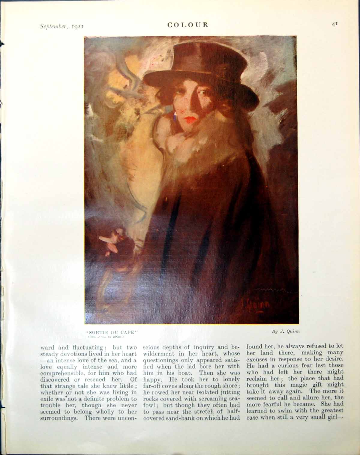 Antique Old Print Sortie Du Cape J Quinn Lady Brown Caped Hat Cigarette 1921