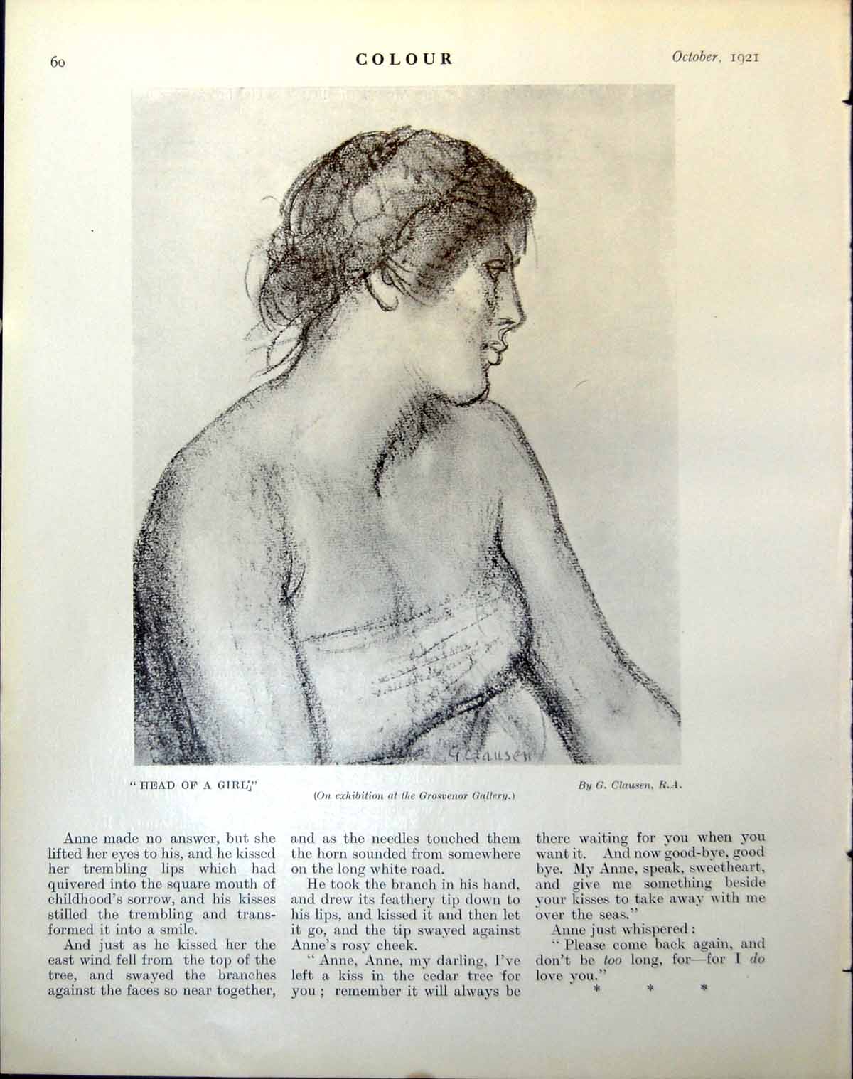 Original Old Vintage Print Head A Girl G Clausen 1921 20th Century