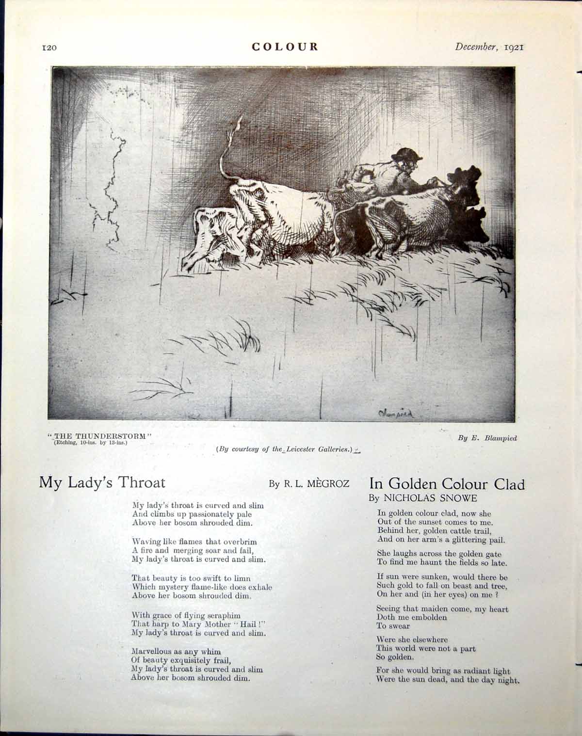 Antique Old Print The Thunderstorm E Blampied Etching Cattle Man Field 1921