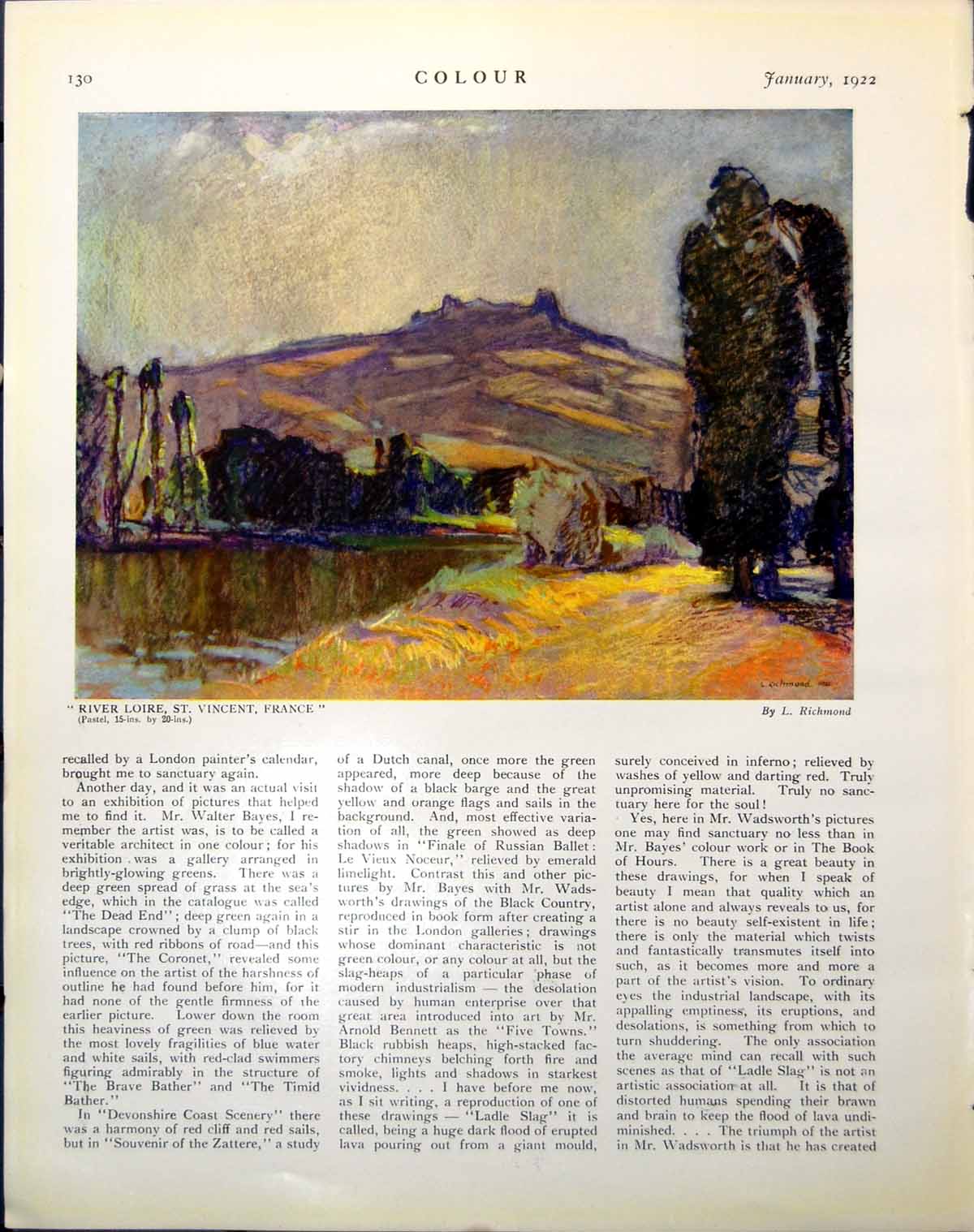 Antique Old Print River Loire St Vincent France L Richmond Skecth Summer 1922