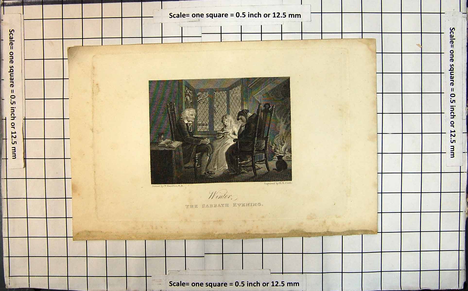 Old Print Winter Sabbath Evening Painted W Hamilton Girl Reading Parents