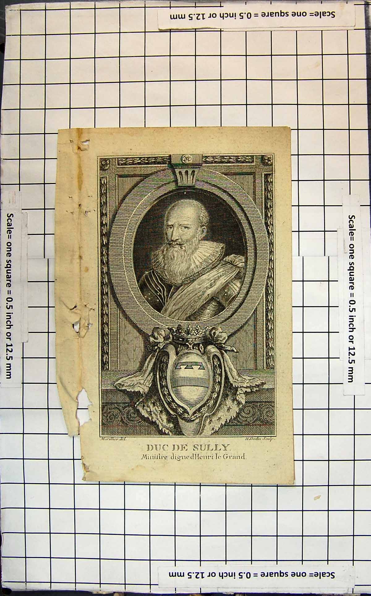 Old Antique Print Duc De Sully Portrait Long Beard Ruffed Collar Insignia