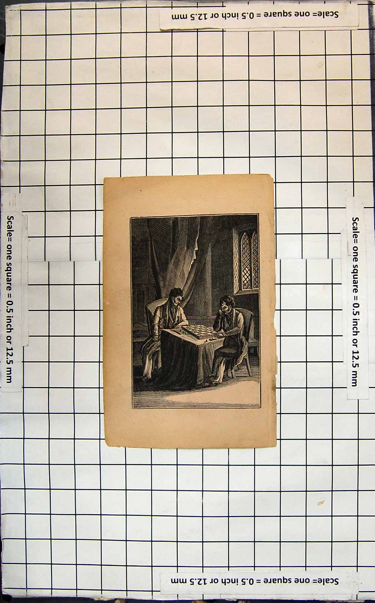 Antique Old Print Game Chess Progress Two Men Seated Sloping Table Curtains