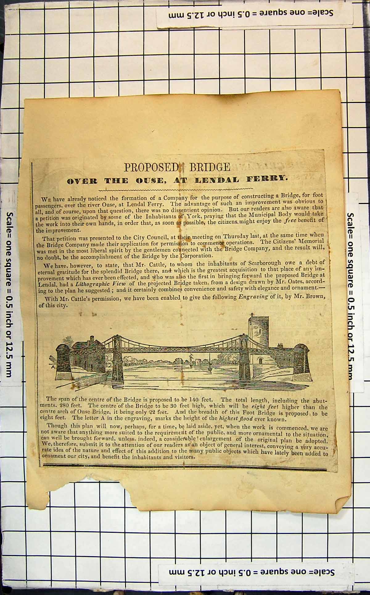 Antique Old Print Proposed Bridge Over The Ouse At Lendal Ferry River Boats