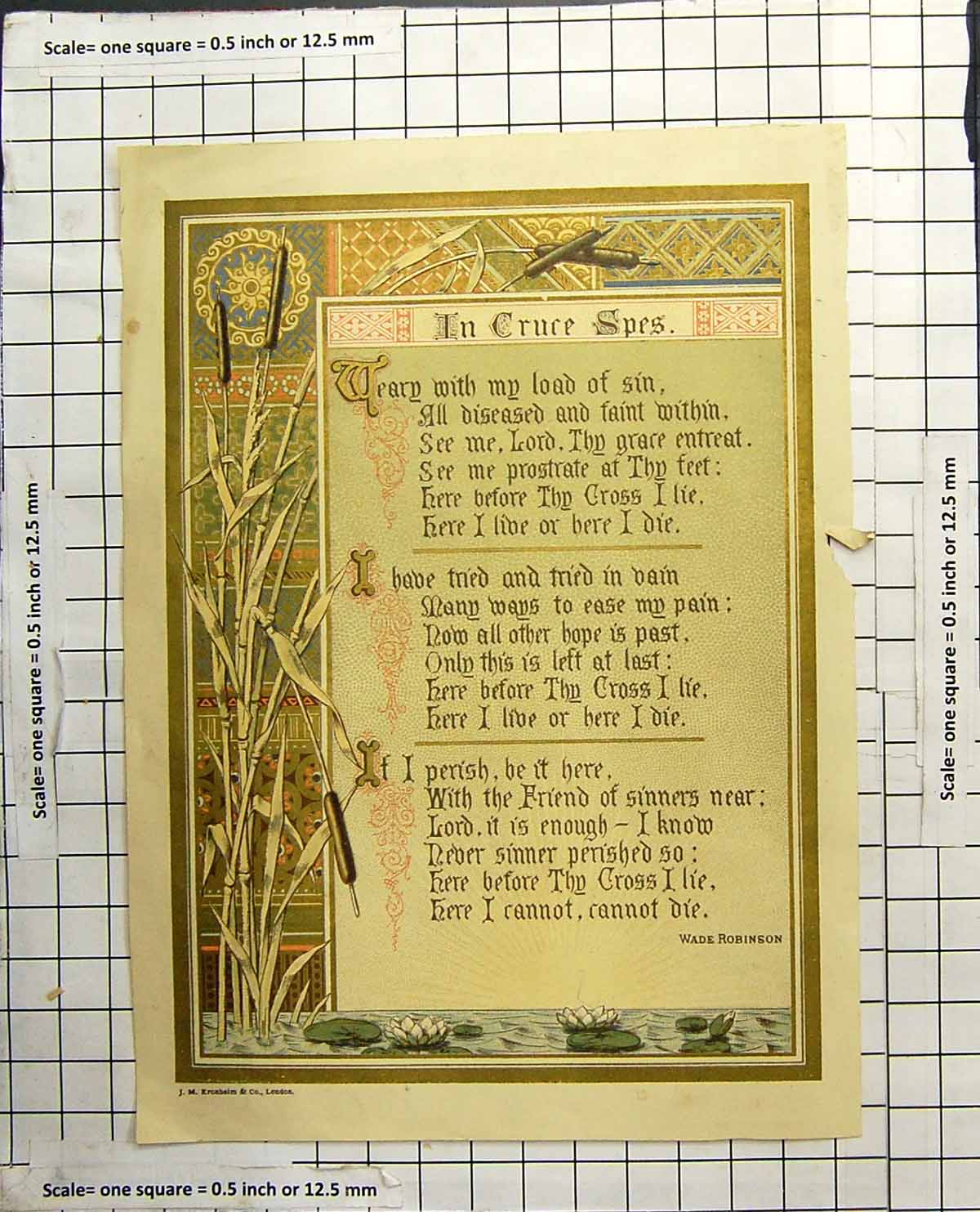 Antique Old Print Illustration Wade Roninson Poem In Cruce Spes. Bullrushes