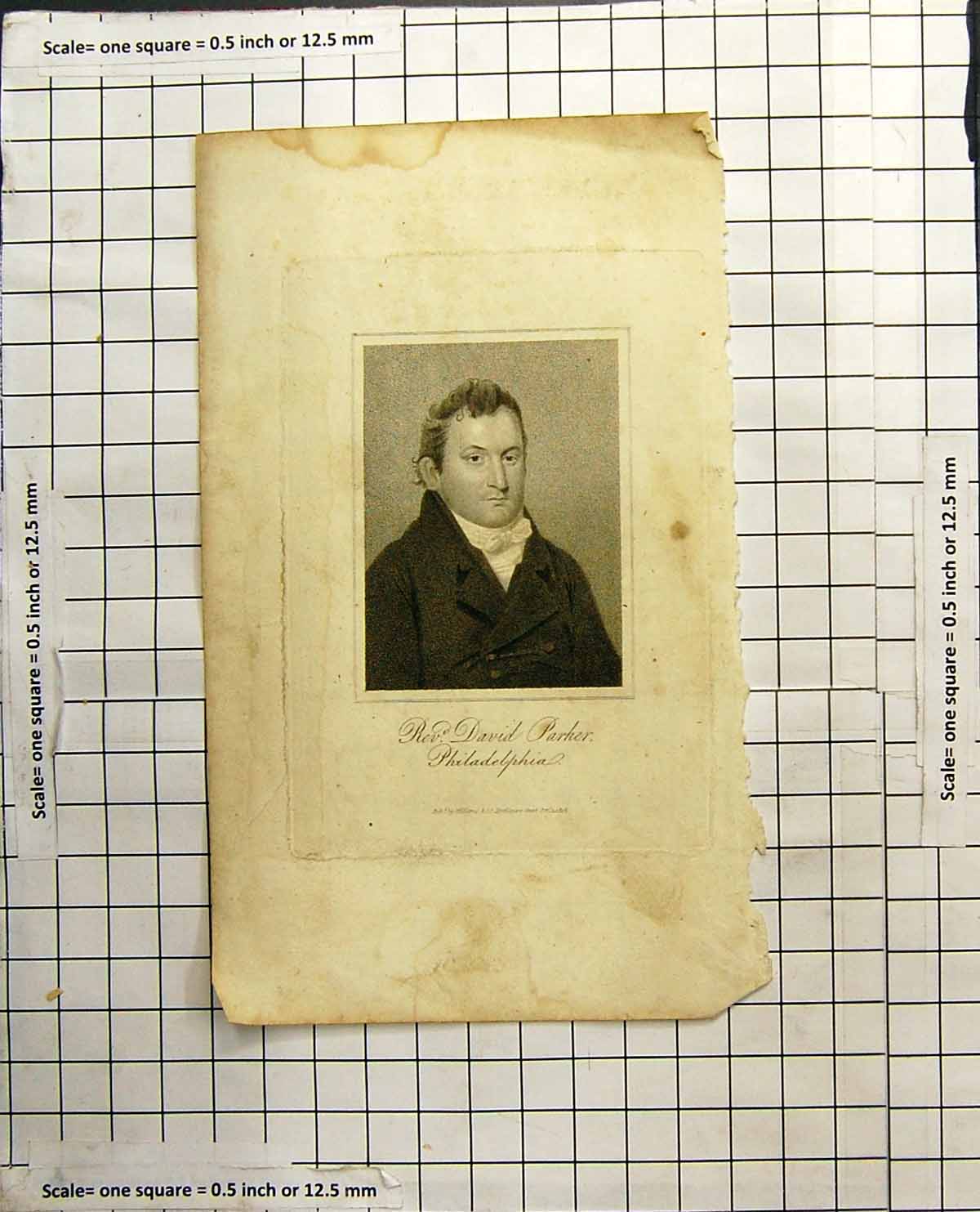 Antique Old Print Portrait Rev David Parker Philidelphia Dark Coat Tie Collar