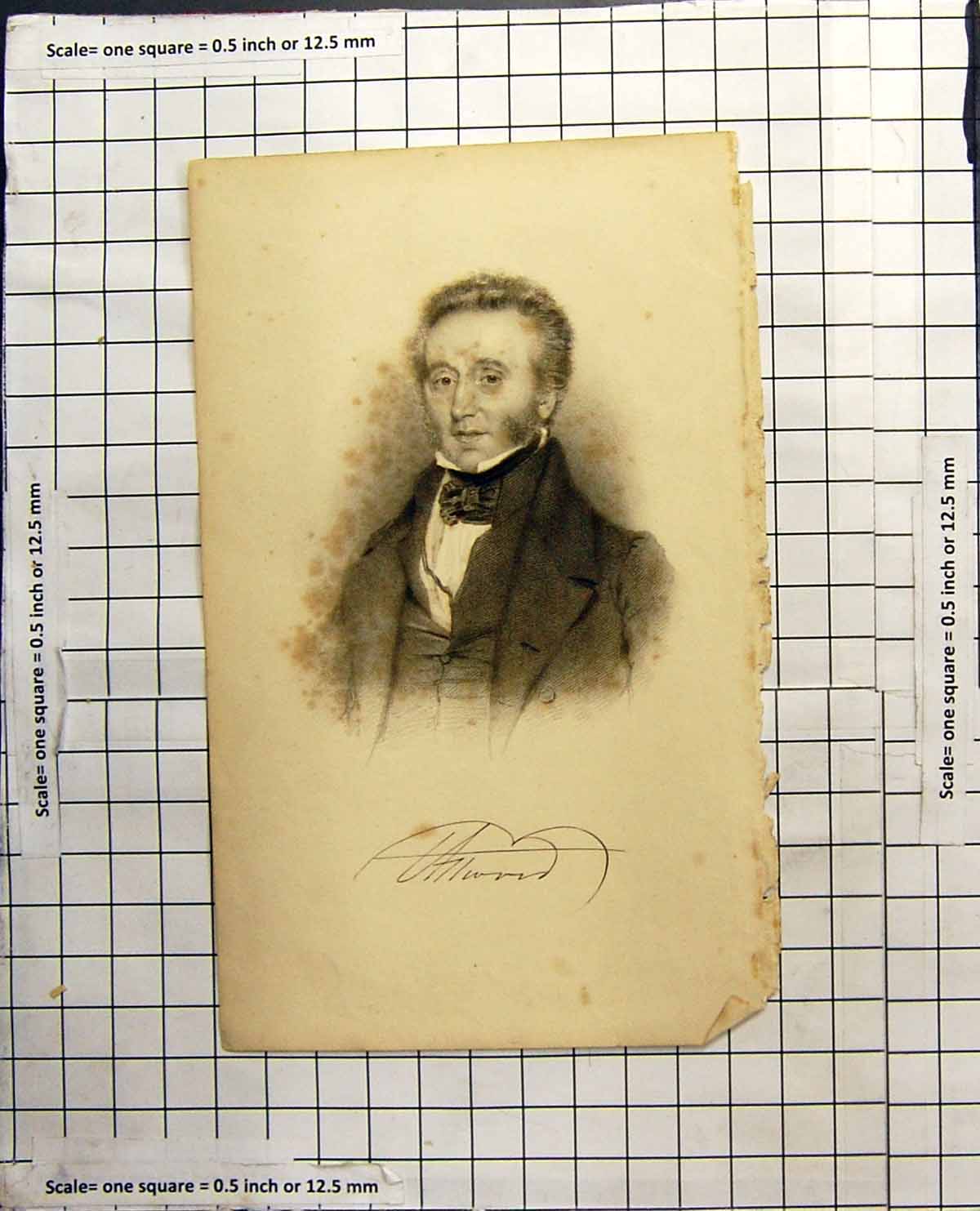 Antique Old Print Man Portrait Distinctive Signature Dark Coat Waistcoat Tie