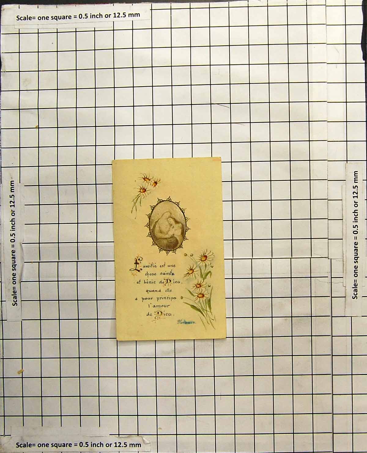 Old Illustrated French Family And God'S Love Card Flowers Mother Child