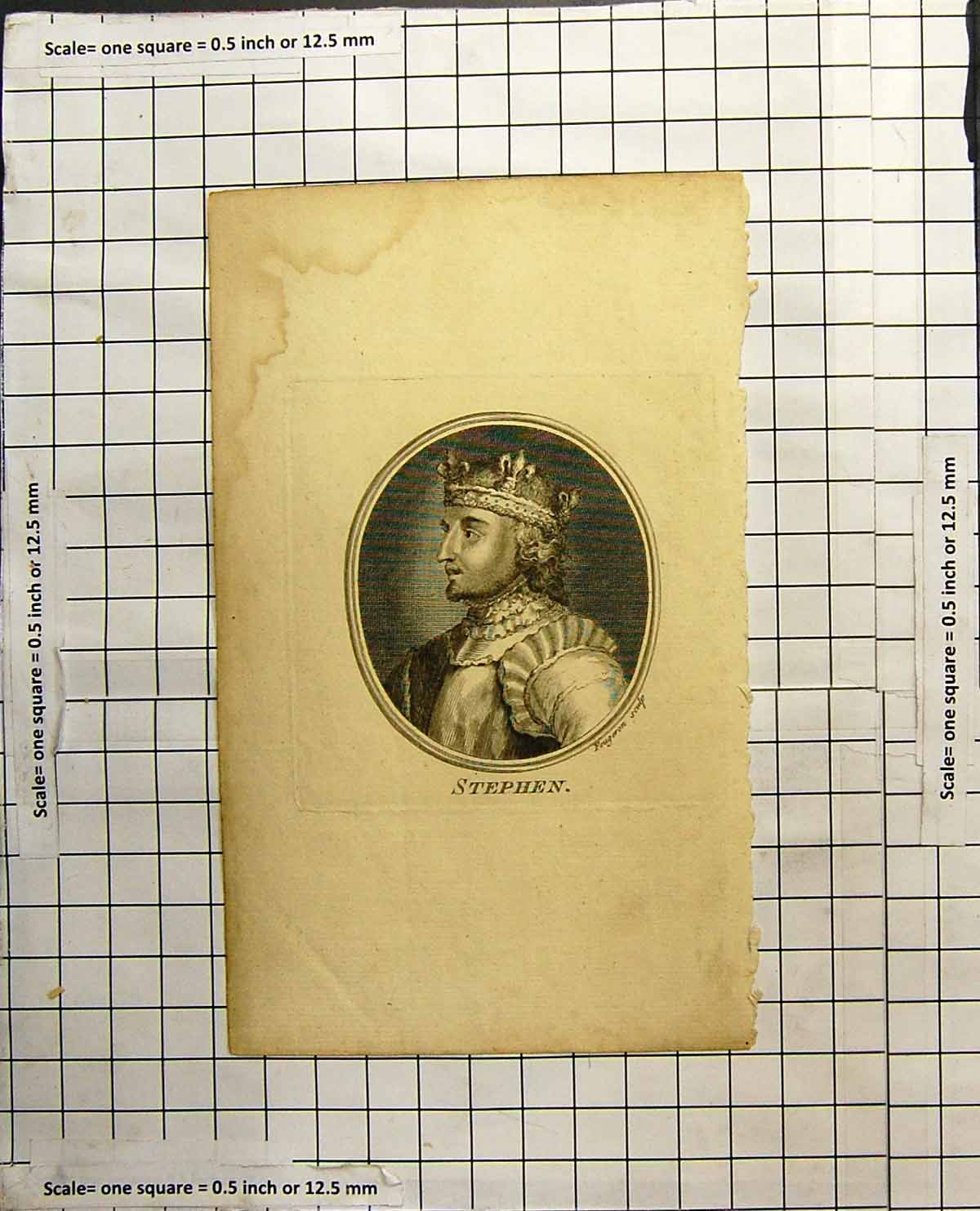 Original Old Antique Print Stephen Portrait Fougeron Sculp Crown Robes