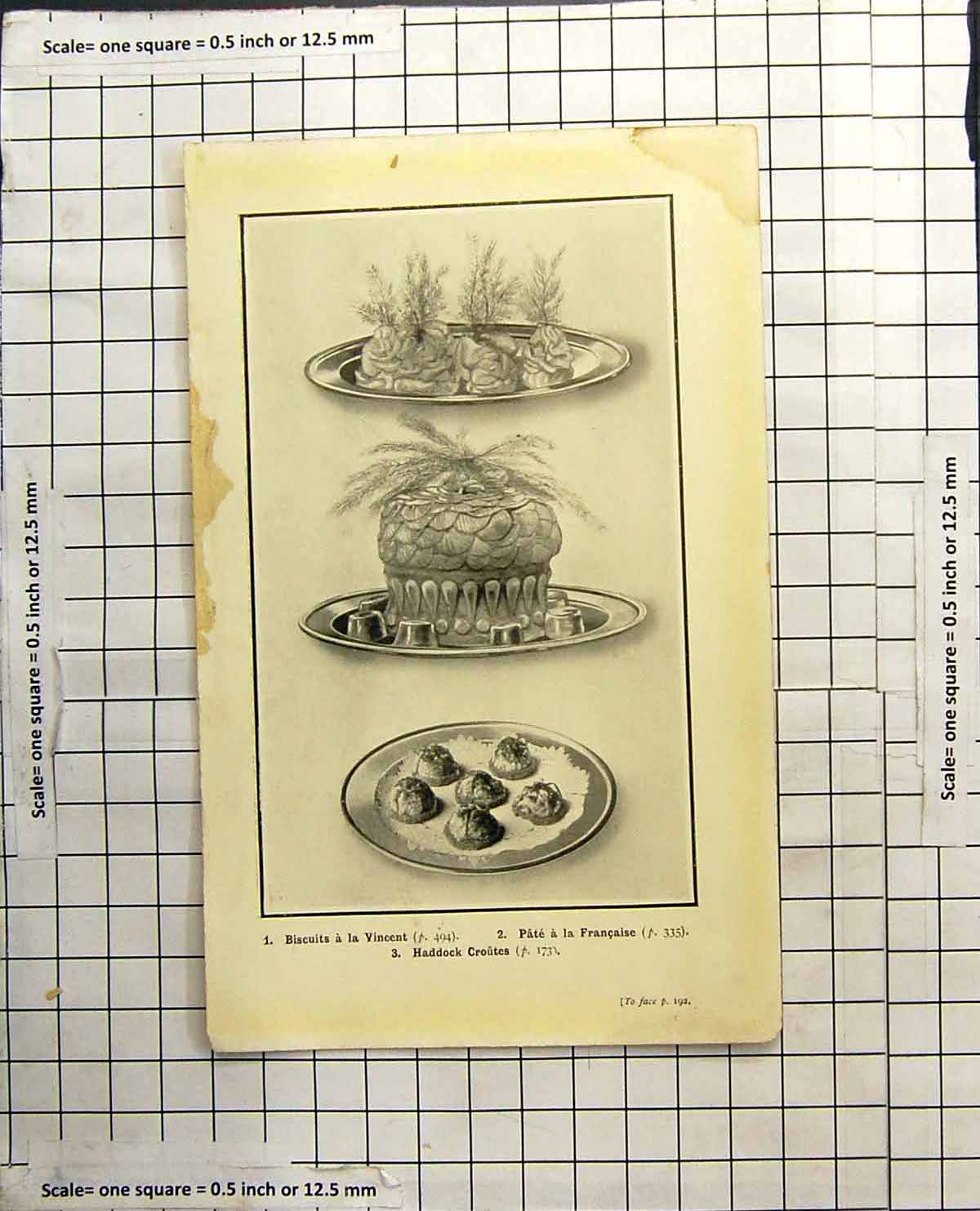 Antique Old Print Biscuits A La Vincent Pate A La Francaise Haddock Croutes