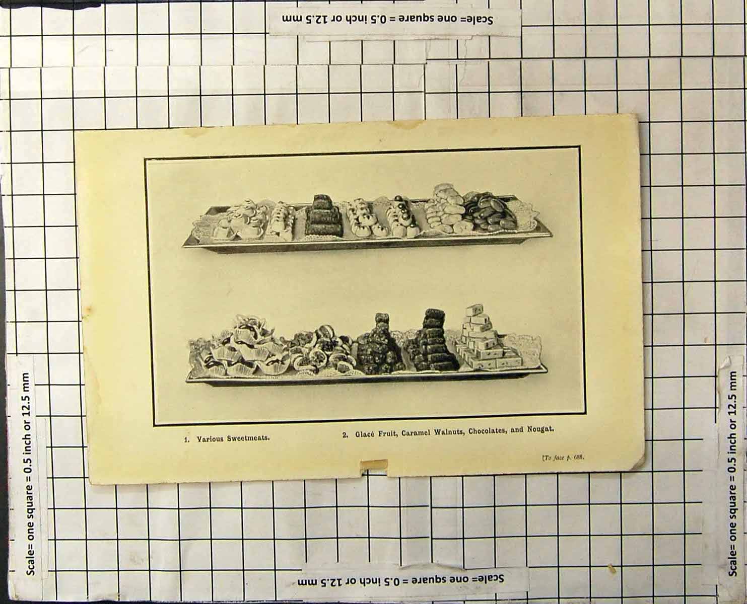 Antique Old Print Sweetmeats Glace Fruit Caramel Walnuts Chocolates Nougat