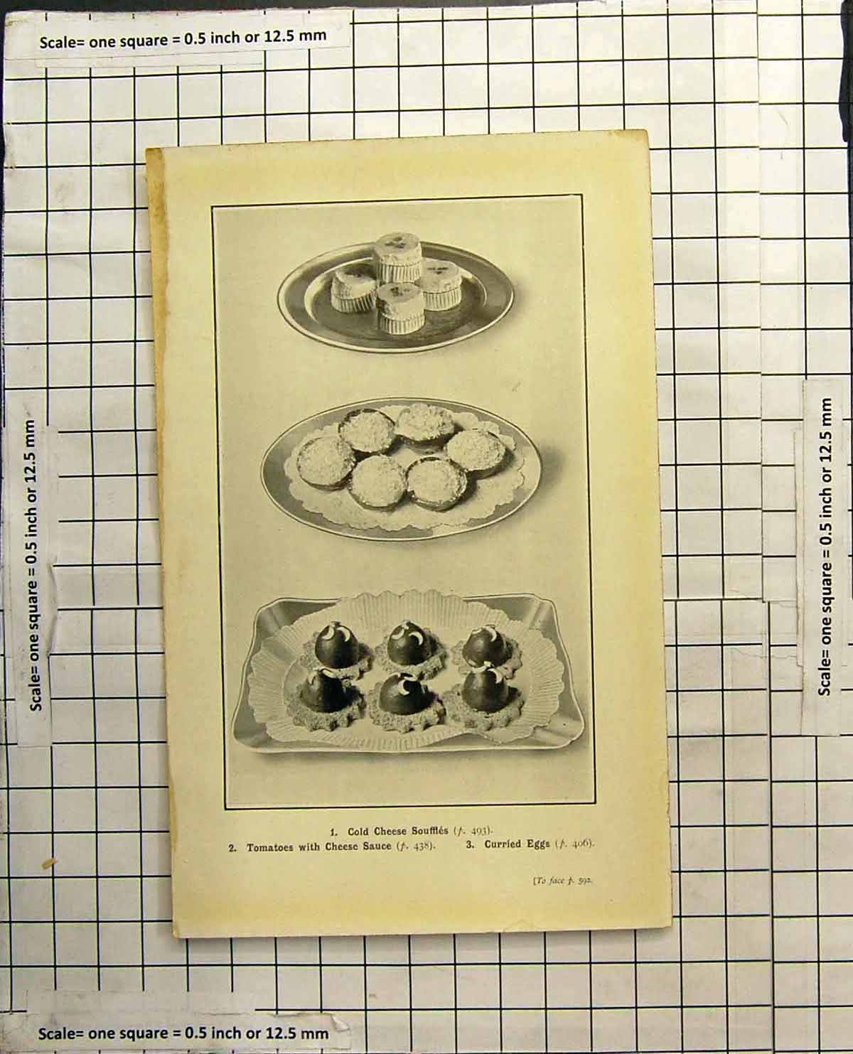 Original Old Antique Print CCheese Souffles Tomatoes Cheese Sauce Curried Eggs