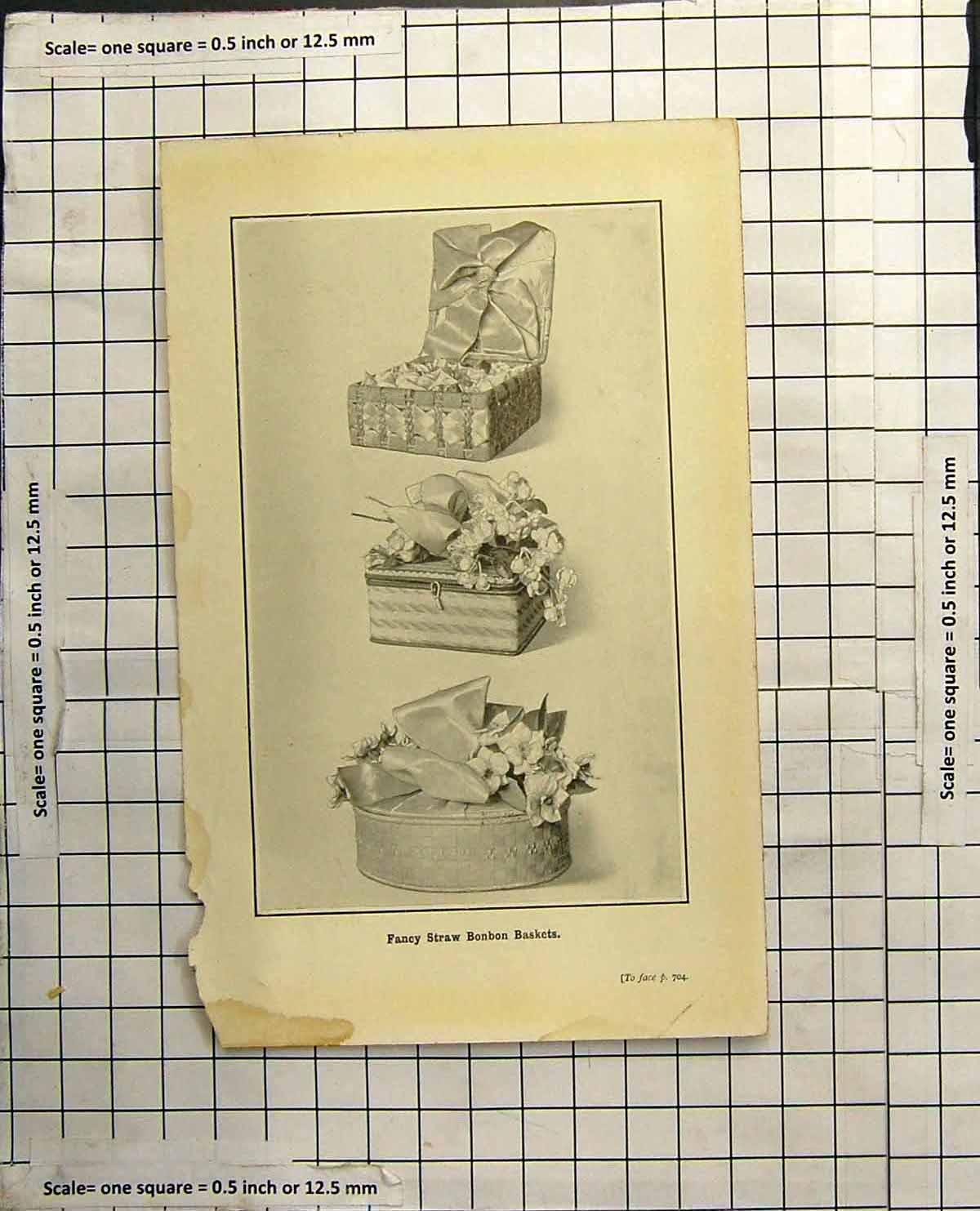 Original Old Antique Print Fancy Straw Bonbon Baskets Lidded Decorated Flowers