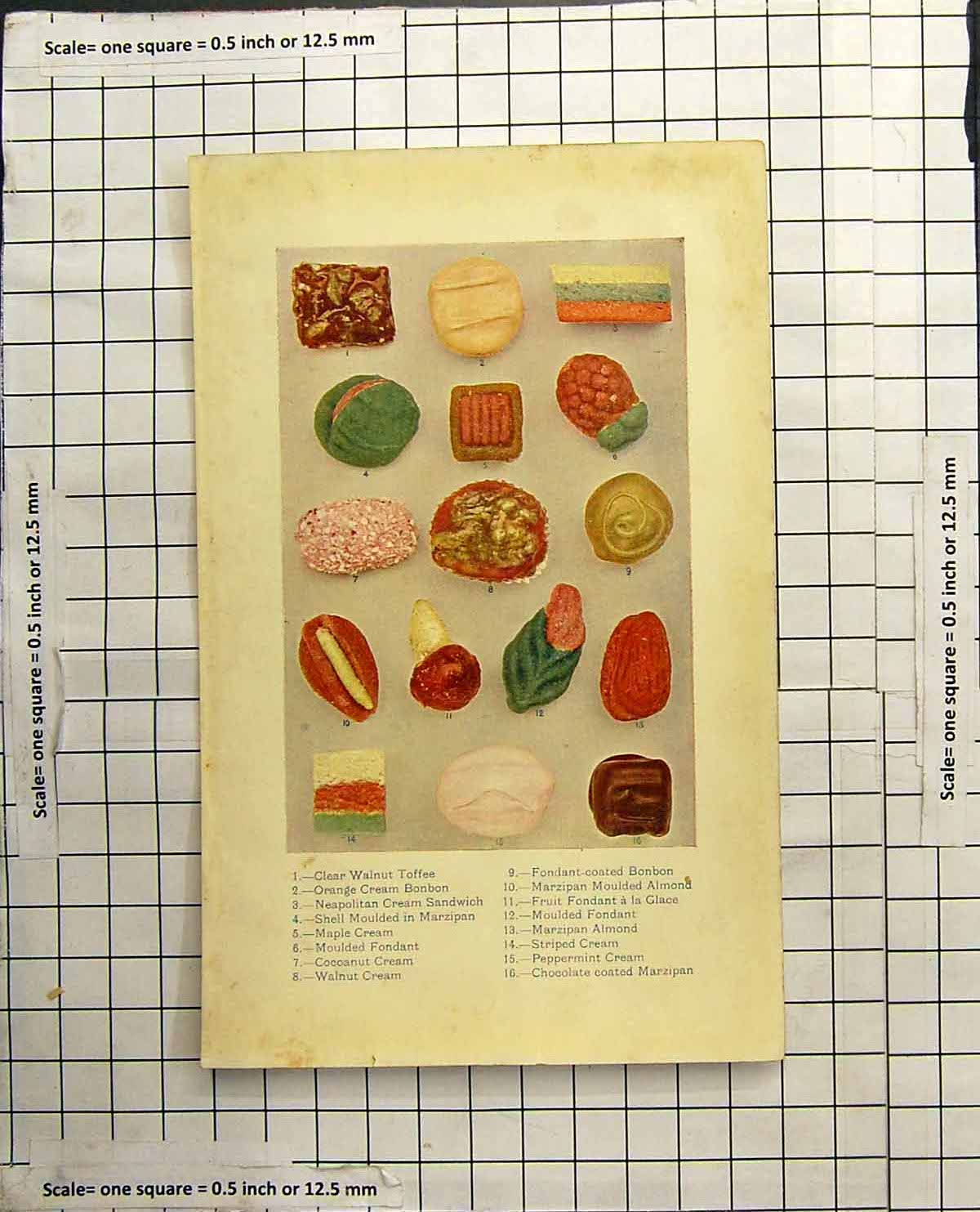 Old Antique Print Toffees Bonbons Marzipan Shells Walnut Cream Fondants