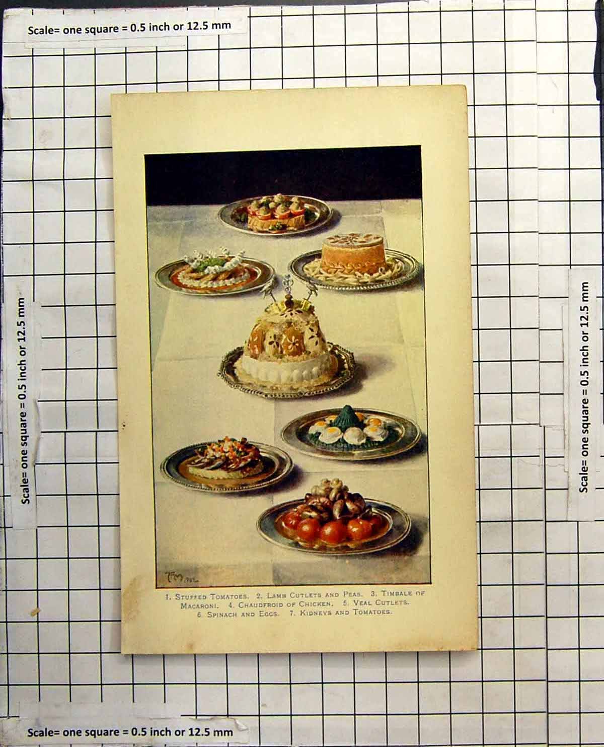 Old Print Stuffed Tomatoes Timbale Macaroni Veal Cutlets Spinach And Eggs