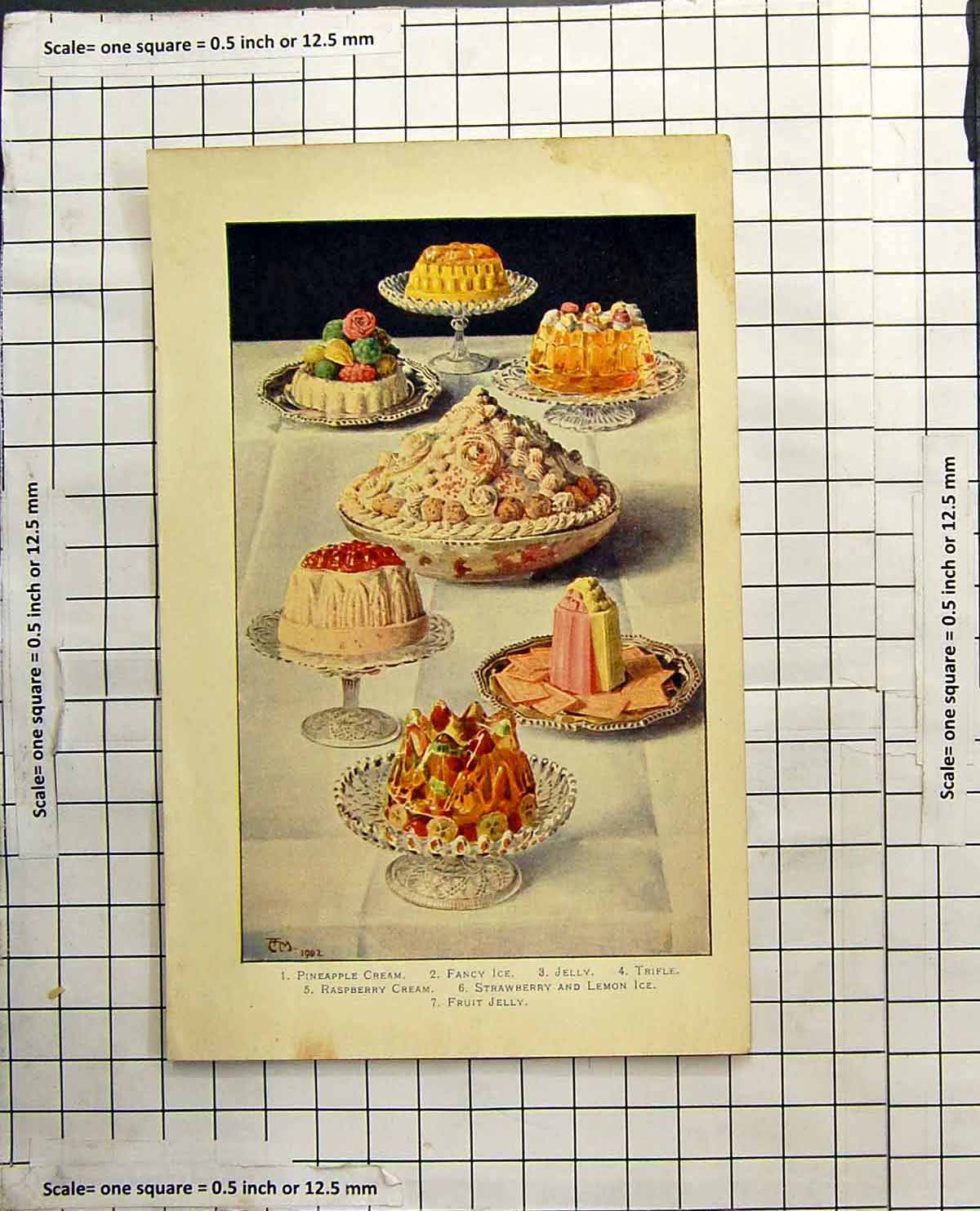 Antique Old Print Pineapple Cream Fancy Ice Jelly Trifle Raspberry Strawberry