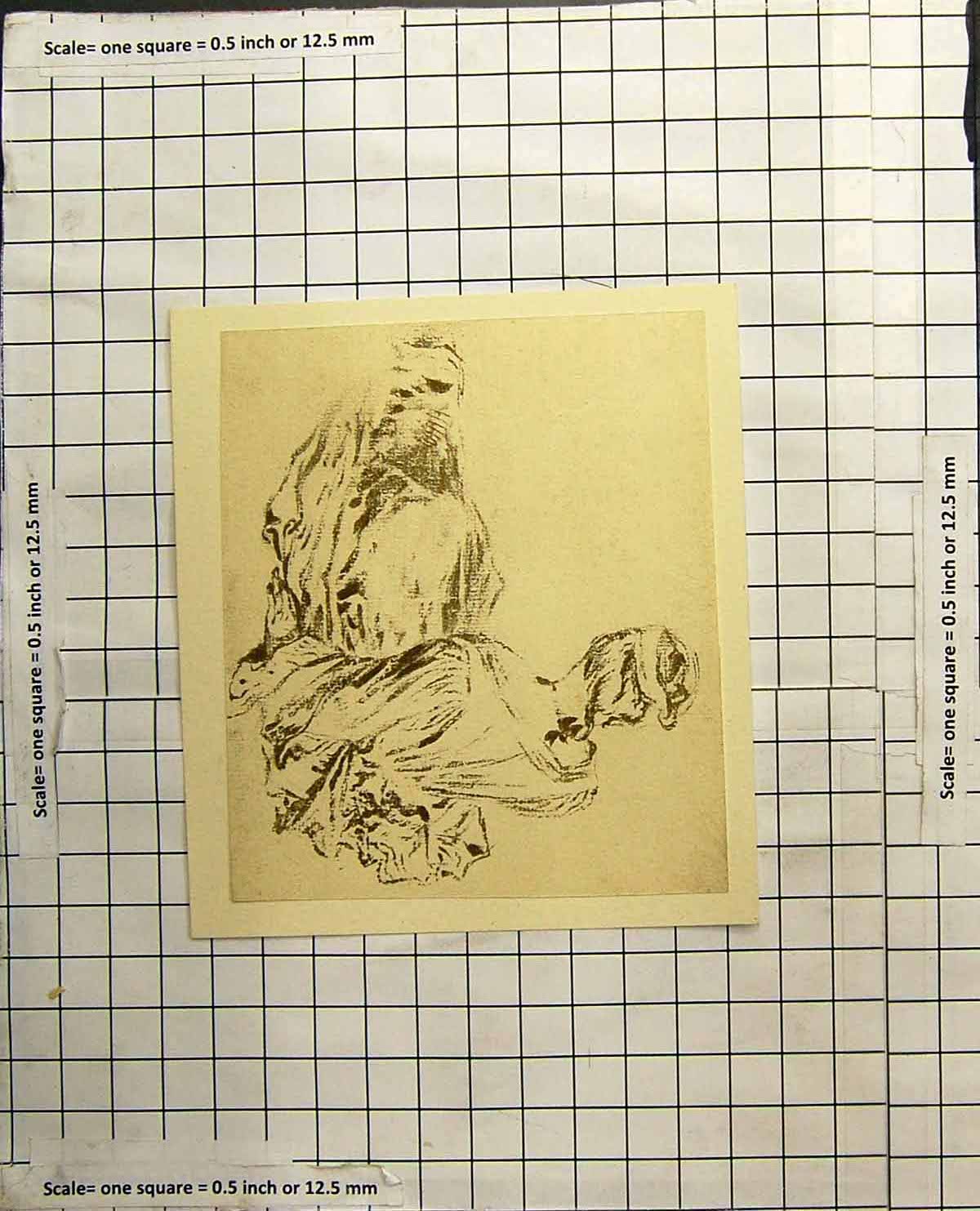Antique Print Seated Lady Floor Drawn From Behind Dress Spread Out Headband