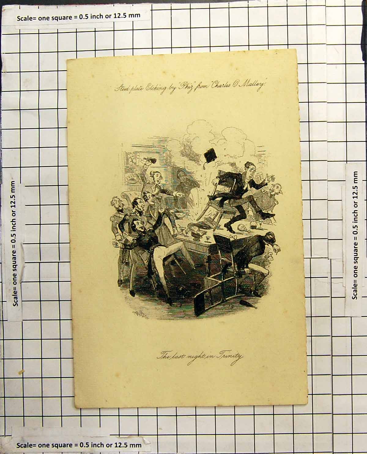 Old Print The Last Night Trinity Phiz Comic Sketch Fallen Chairs Bottles 19th
