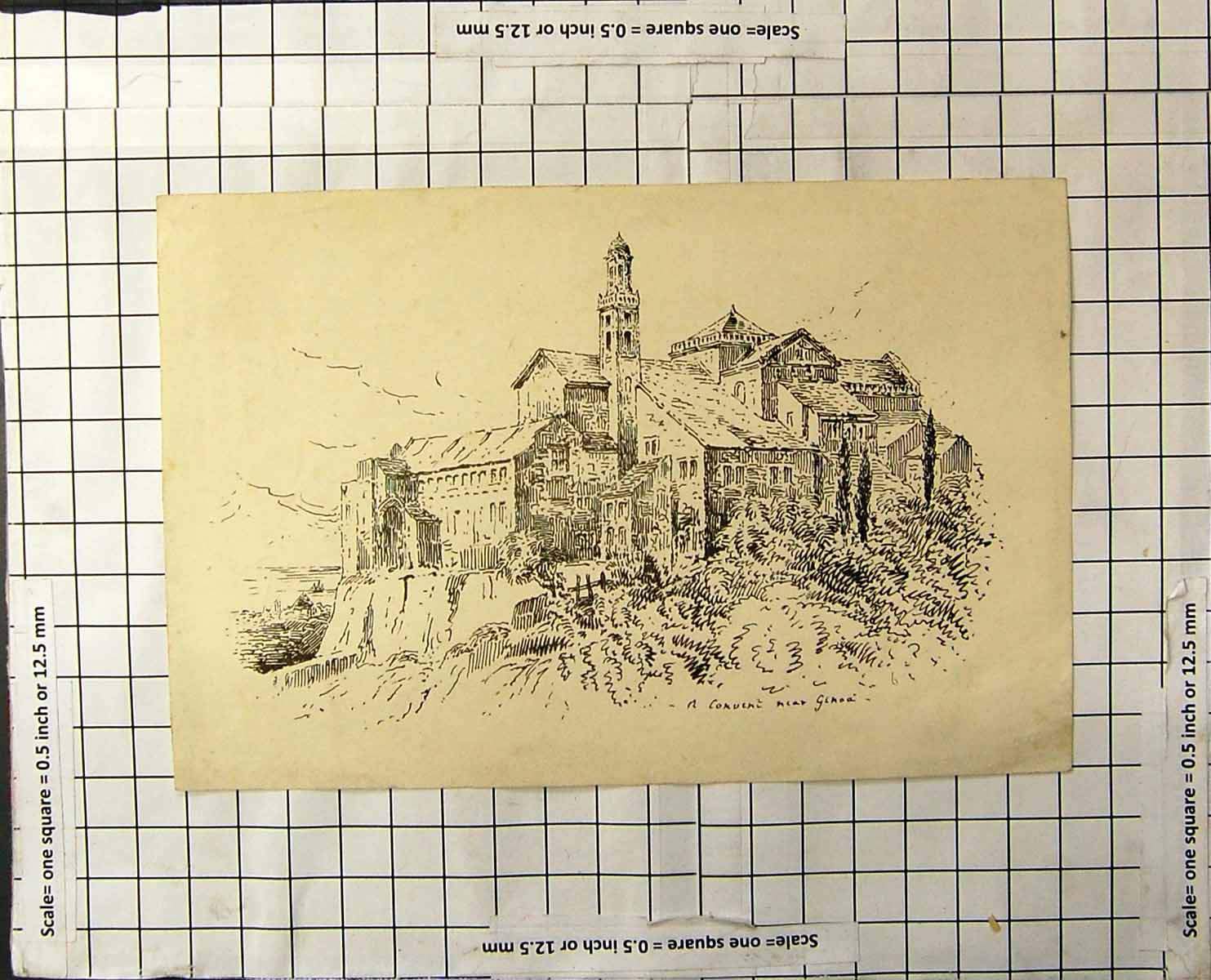 Antique Old Print A Convent Near Genoa Buildings Tower Archways Vegetation 19th