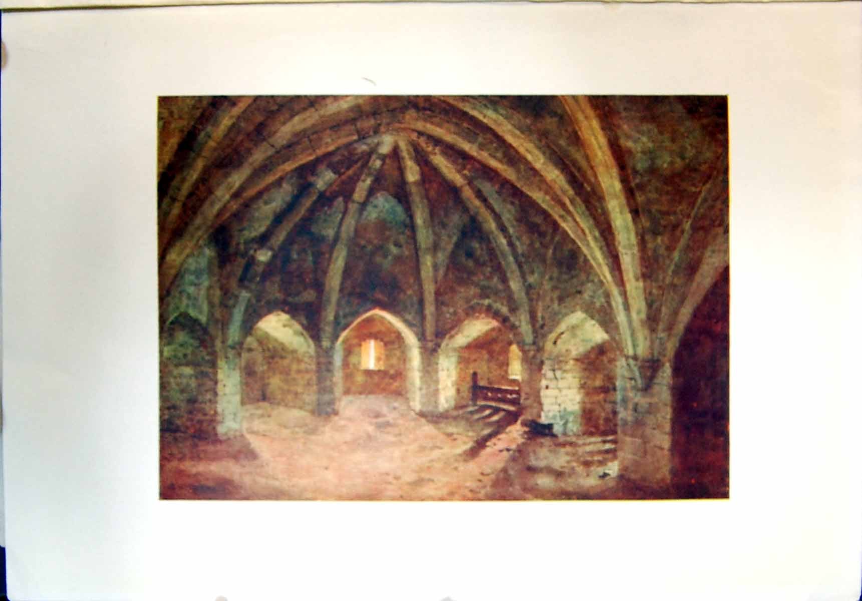 Original Old Antique Print Crypt Curfew Tower Vaulted Chamber Colour