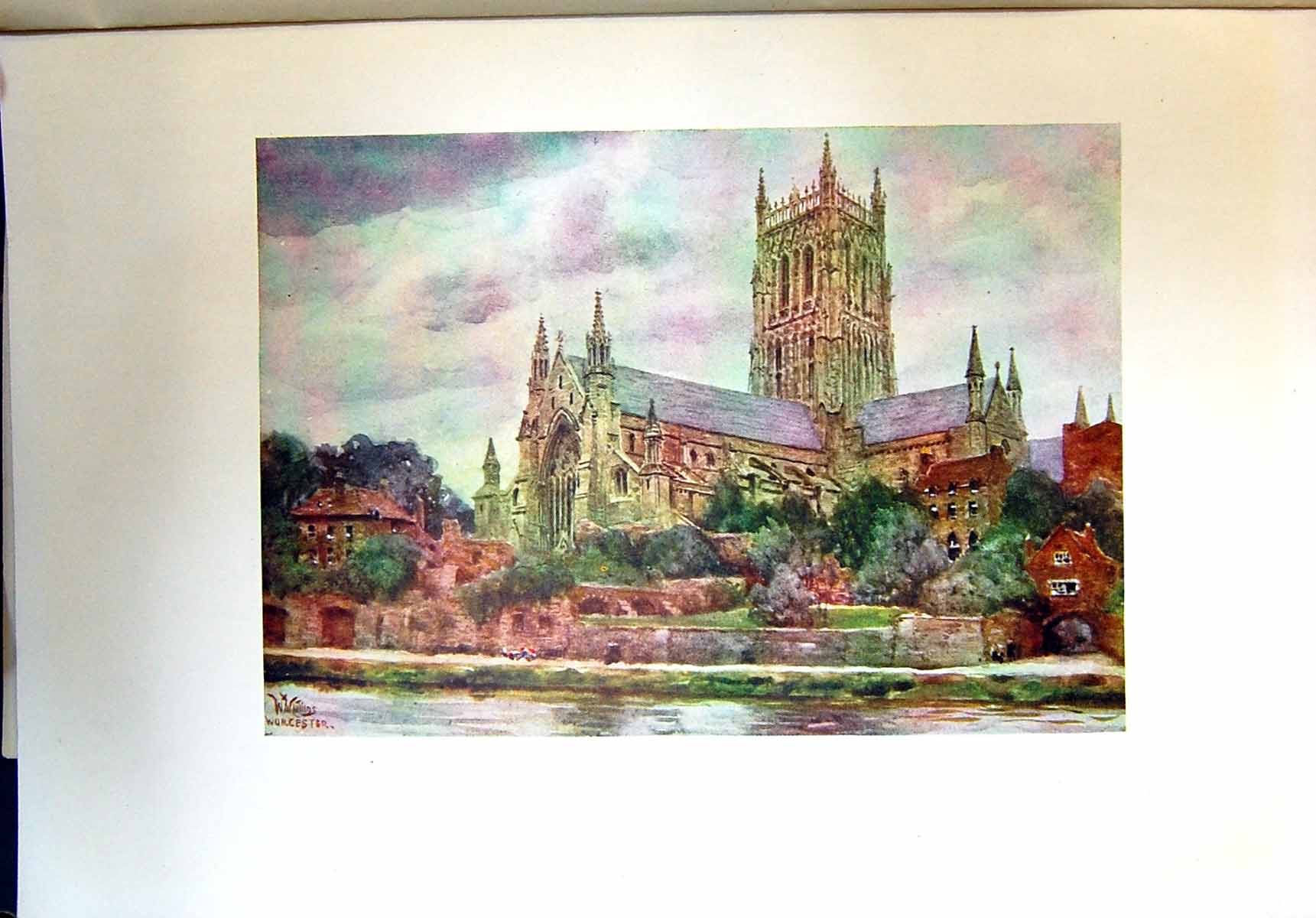 Original Old Antique Print Cathedral Worcester Colour