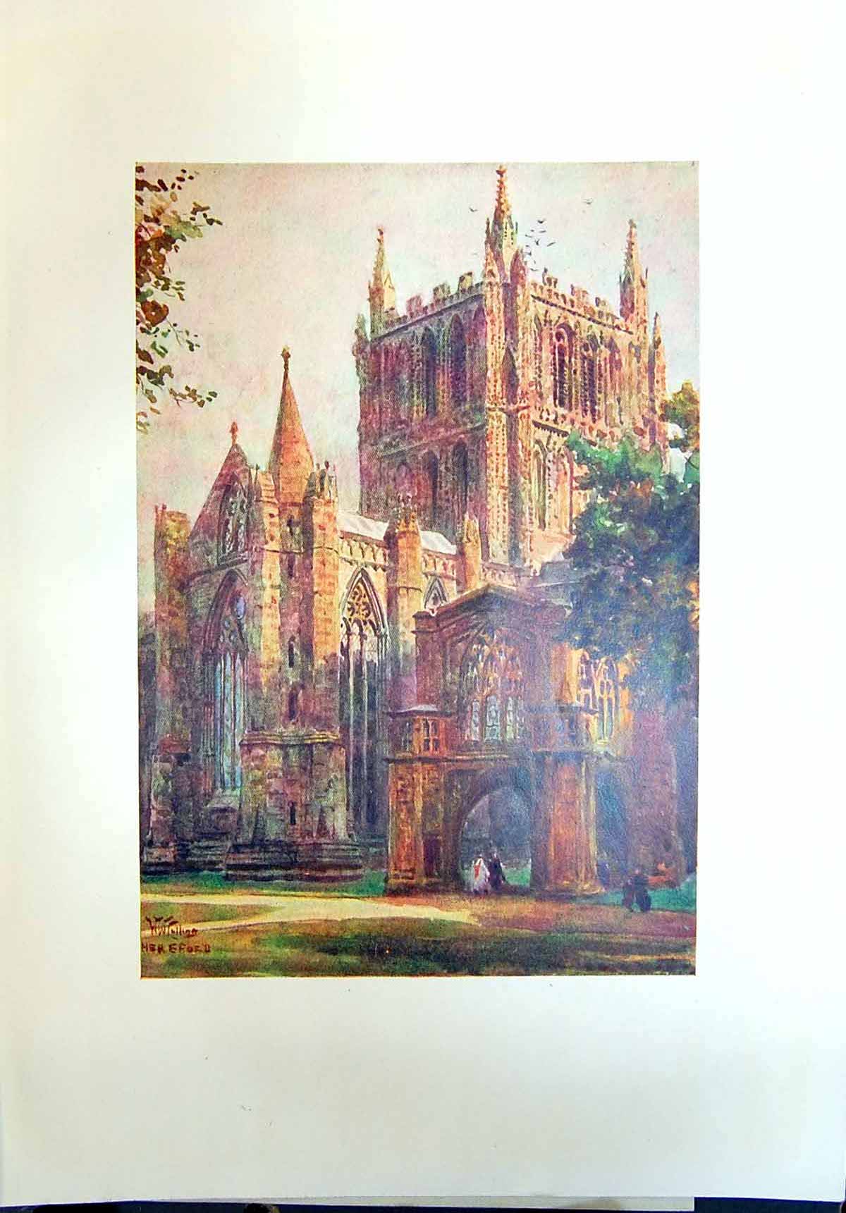 Original Old Antique Print North Transpet Hereford Cathedral Landscape Colour