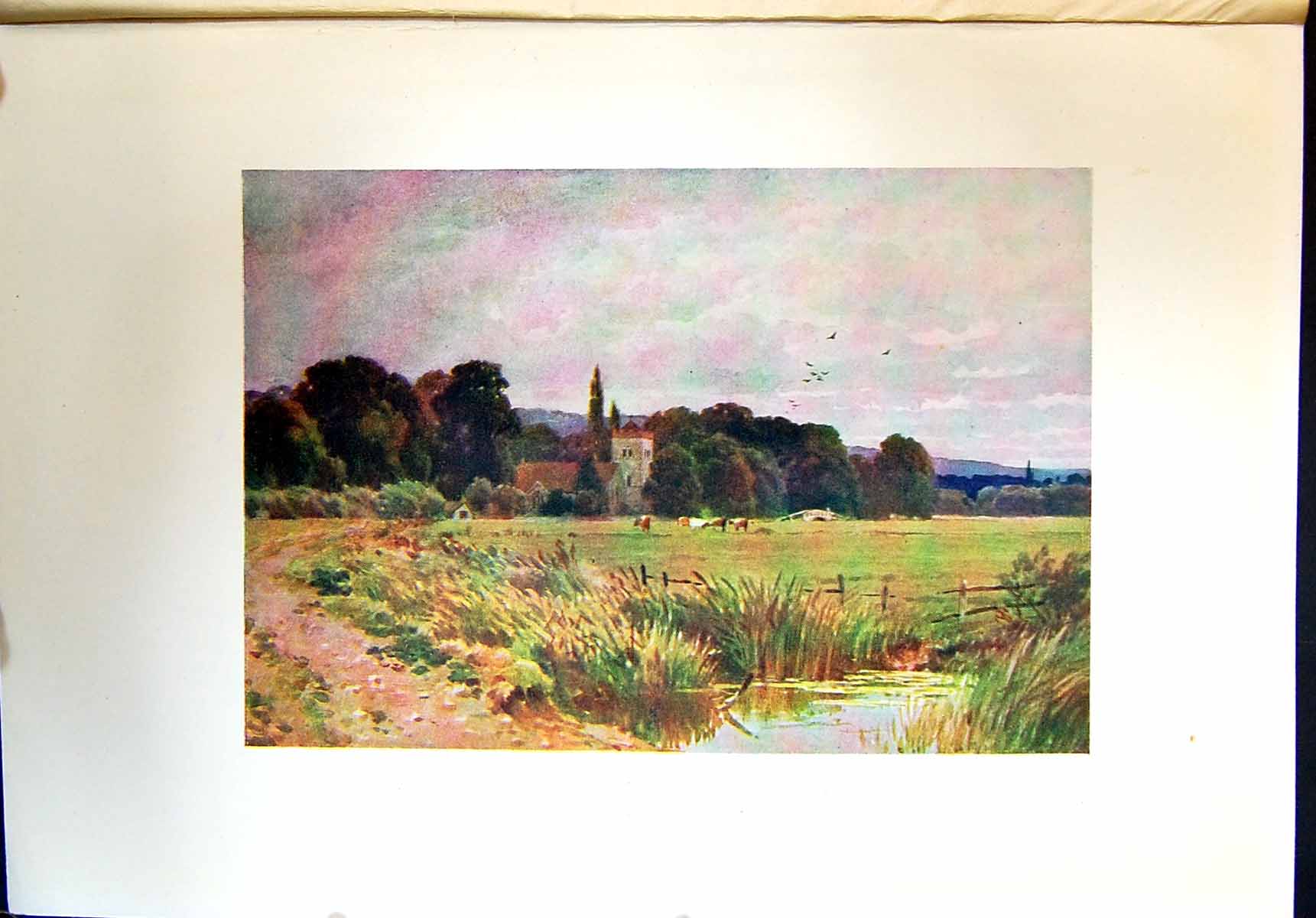 Original Old Antique Print View Bisham Berks Landscape Colour