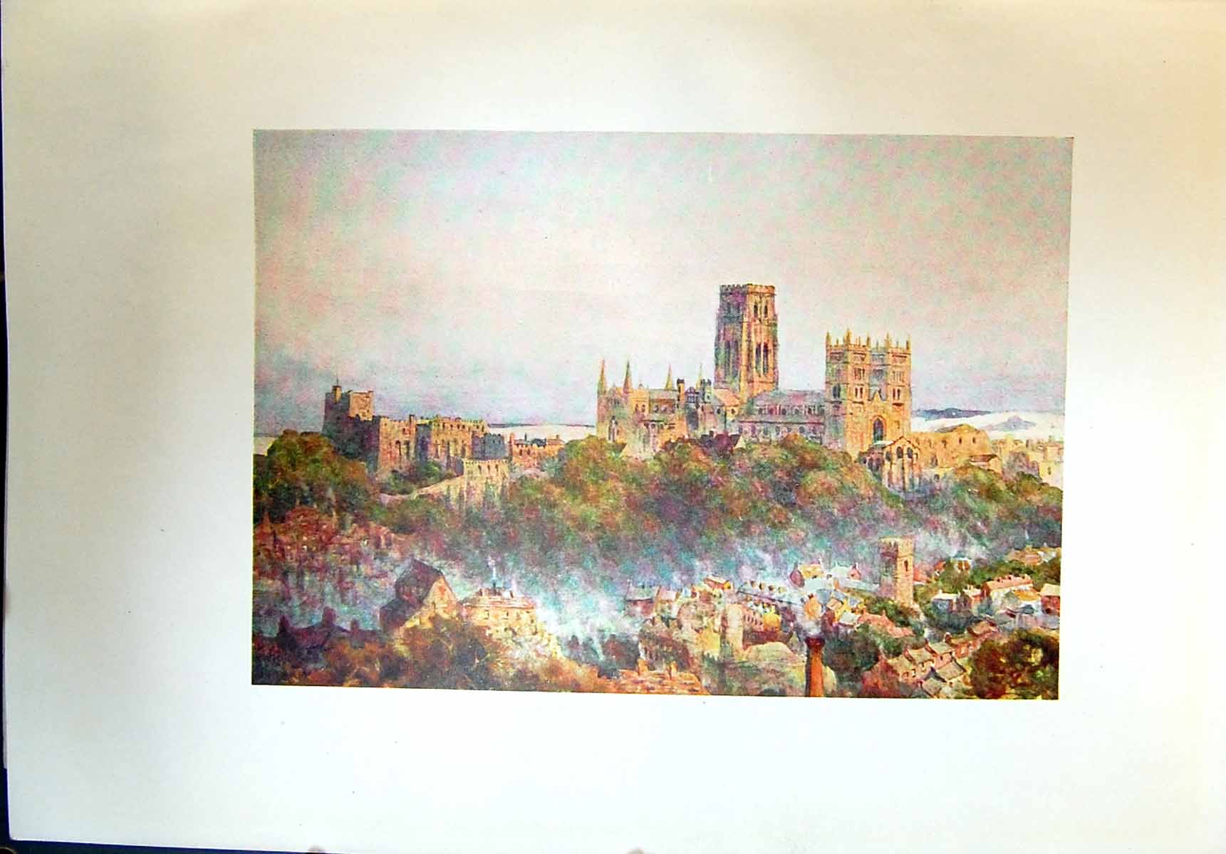 Original Old Antique Print View Durham Cathedral Landscape Colour