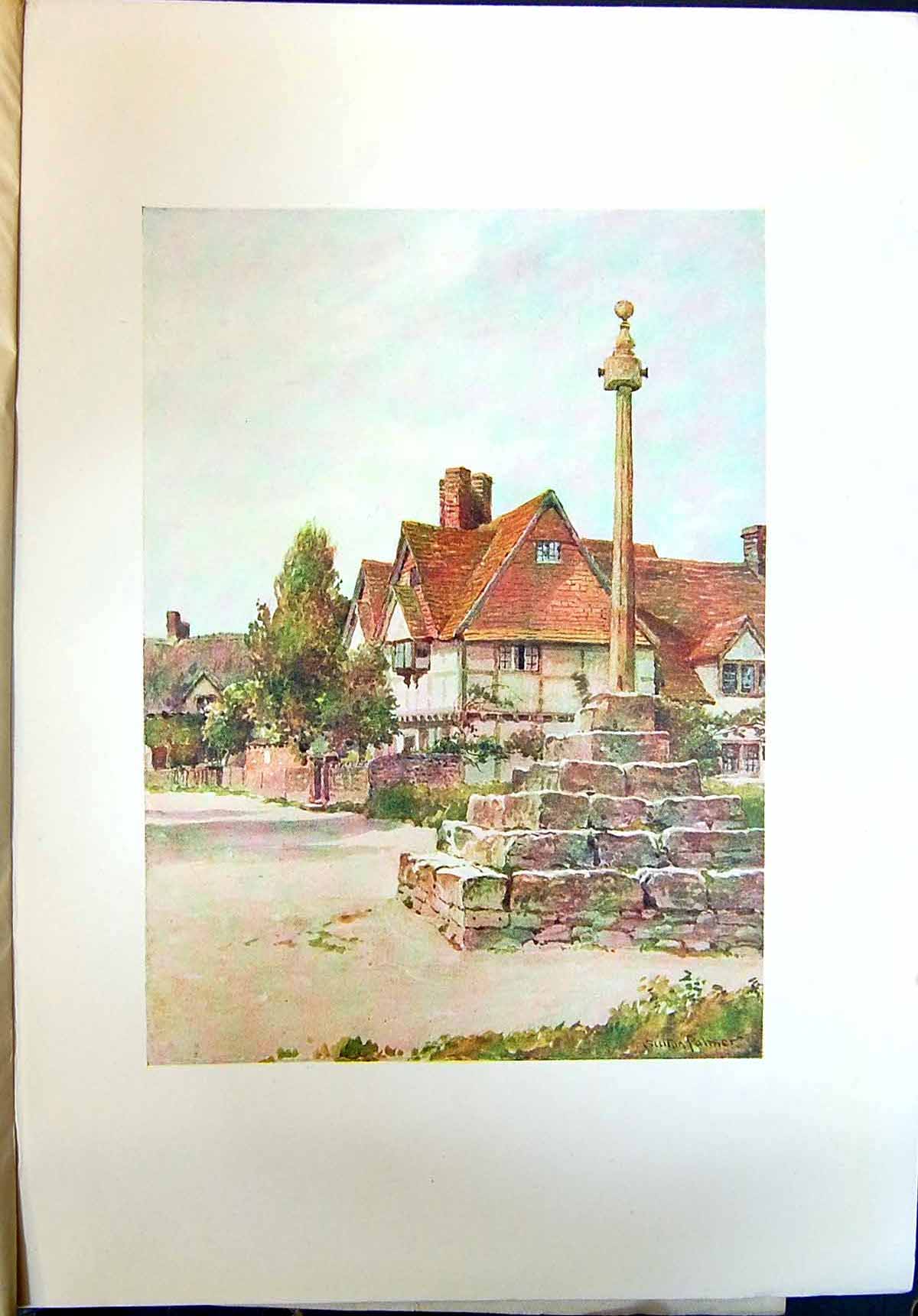 Antique Old Print View Cross East Hagbourne Berks England Landscape Colour