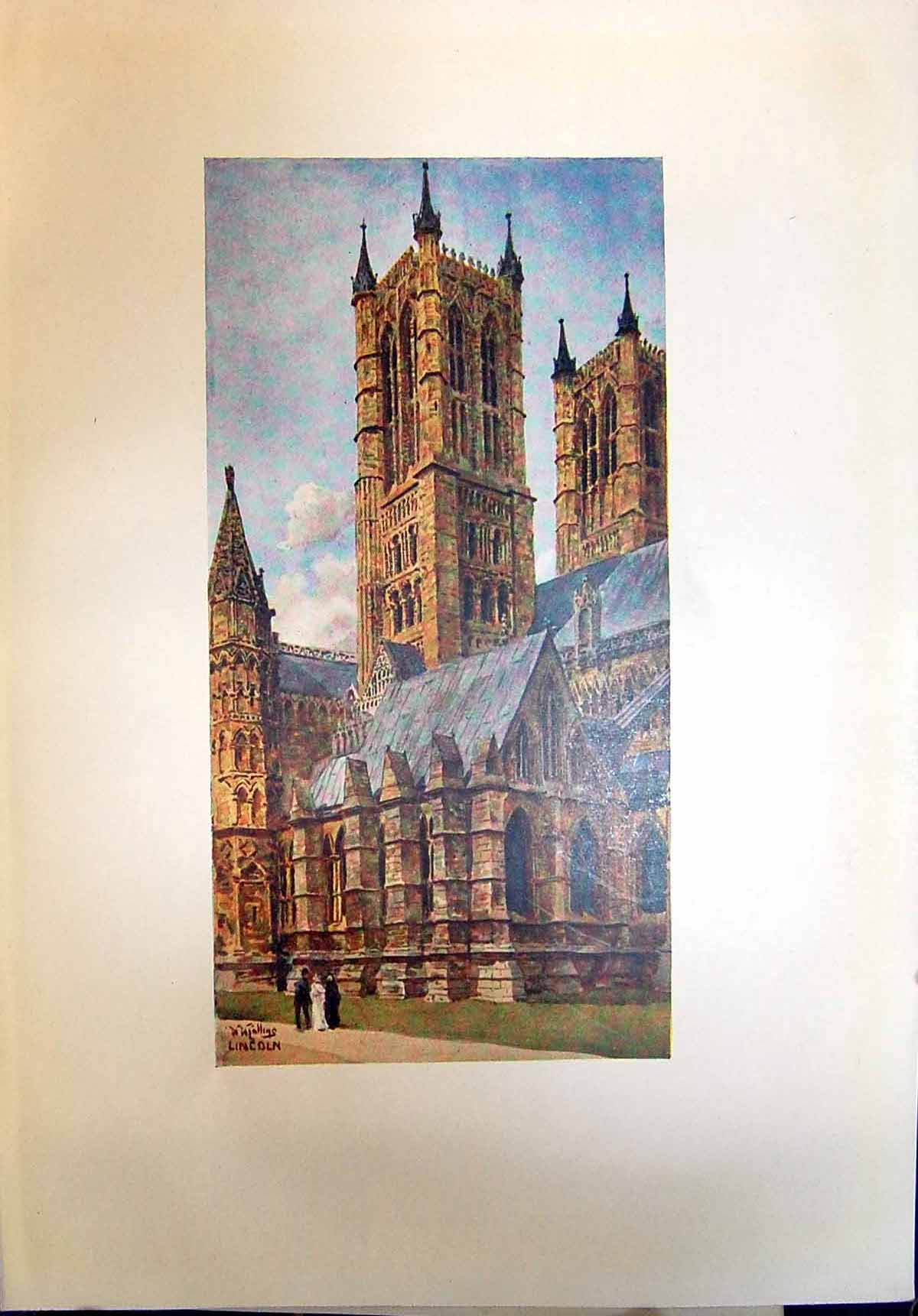 Original Old Antique Print Architecture Lincoln Cathedral West Towers Colour