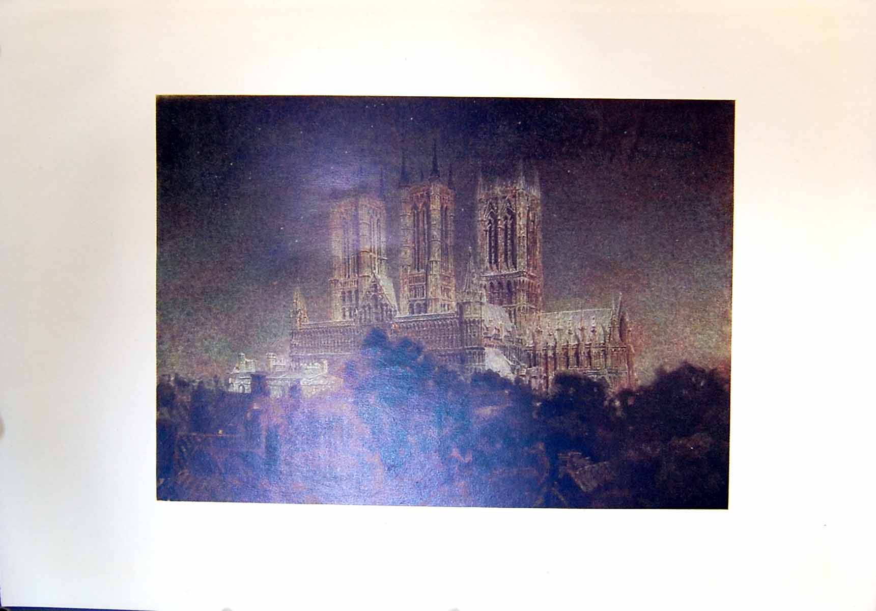 Old Antique Print Architecture Lincoln Cathedral Moonlight Scene Colour