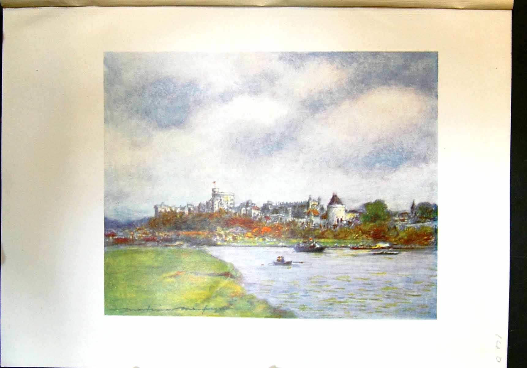 Antique Old Print View Windsor Castle London England River Landscape Colour